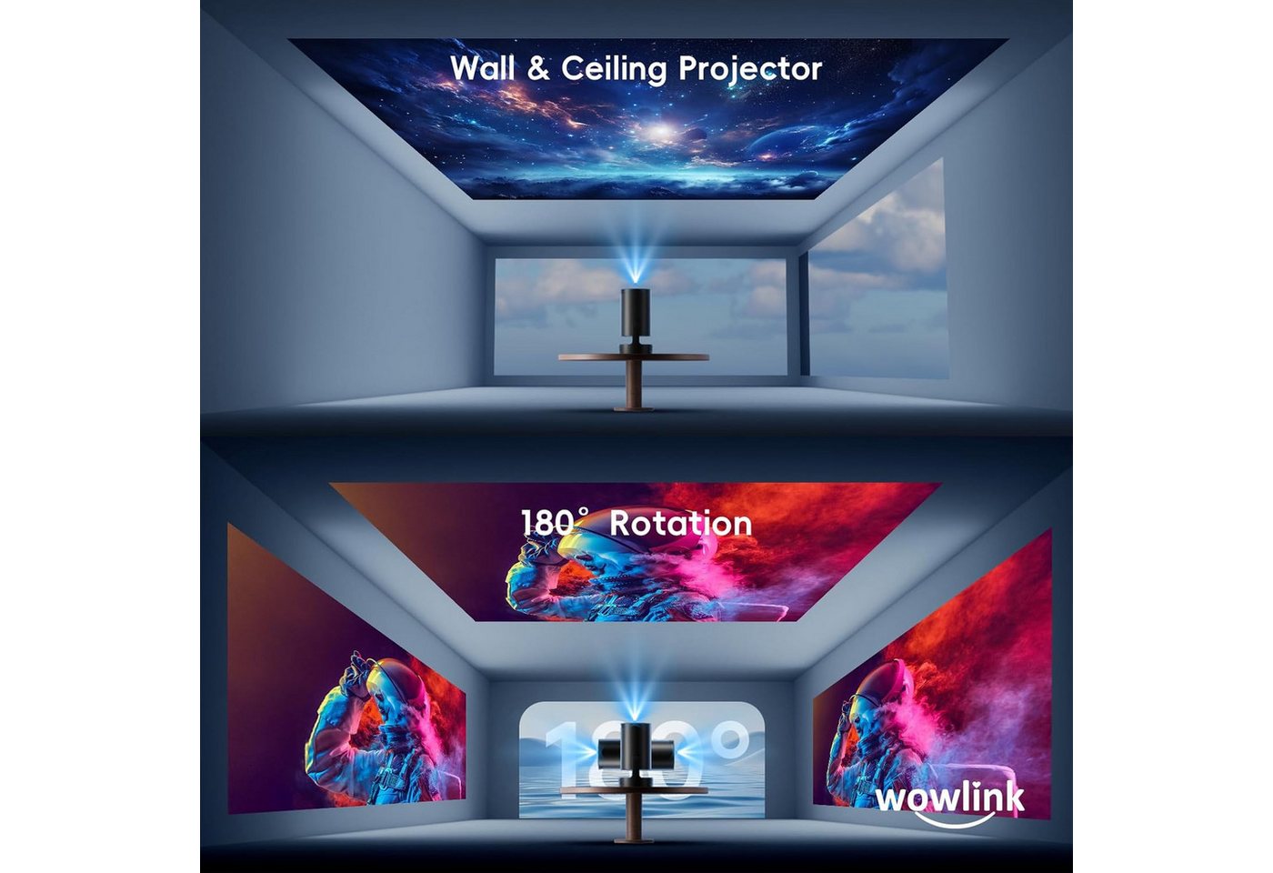 wowlink Mini Beamer Unterstützt 4K 1080P, Projektor mit WiFi 6, Bluetooth 5.4 Beamer (200 lm, 10000:1, 4K px, Automatische Trapezkorrektur mit HDMI/TV Stick/Laptop) schwarz