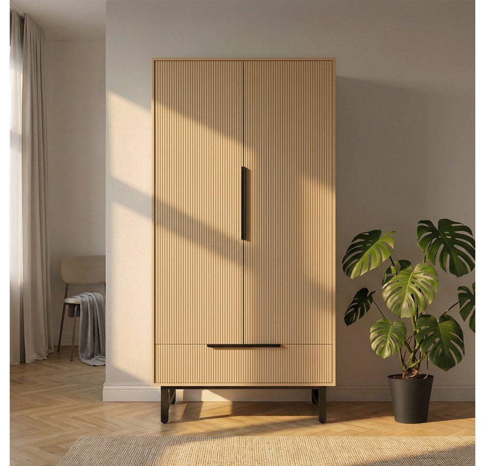 HOME DELUXE Kleiderschrank NYLA - 100 x 200 cm 2-türiger Kleiderschrank mit Lamellenfronten, Schlafzimmerschrank