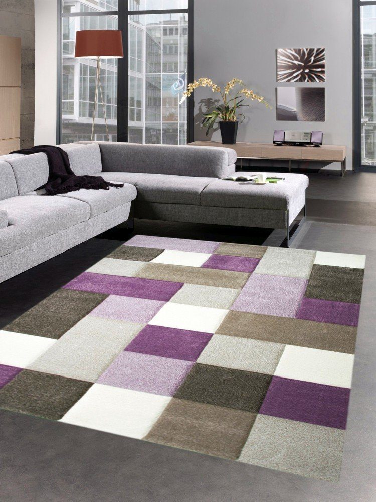 Teppich Moderner Teppich Kurzflor Teppich Karo pastell lila beige creme  braun, Carpetia, rechteckig, Höhe: 13 mm