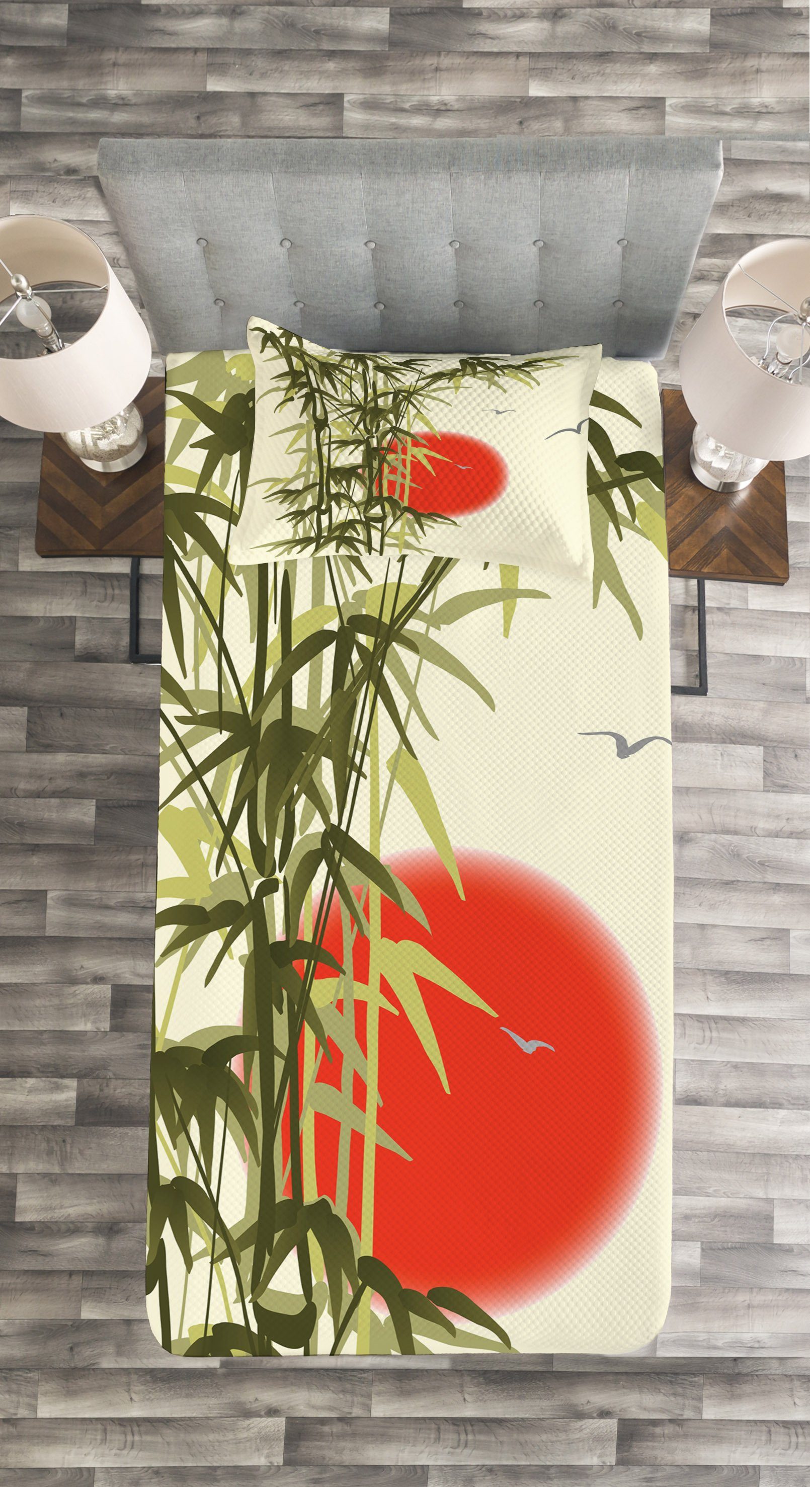 Bambus Zweig auf Abakuhaus, Waschbar, Asian Set mit Kissenbezügen Tagesdecke Vögel Sonnenuntergang