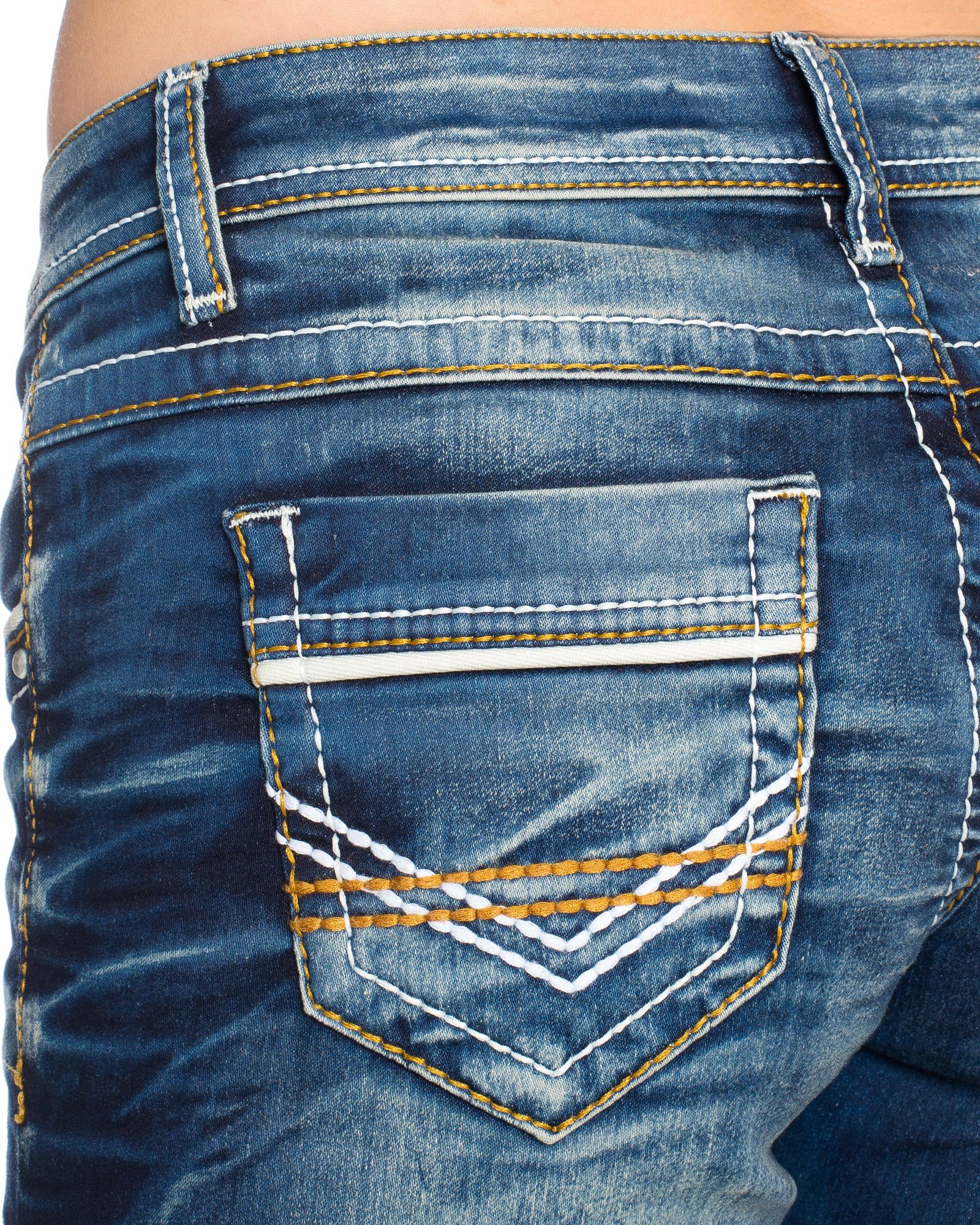 Cipo & Baxx Regular-fit-Jeans Damen Jeans Hose mit dicken Nähten Jeanshose mit weißen und orangenen dicken Nähten – Bild 5 von 5