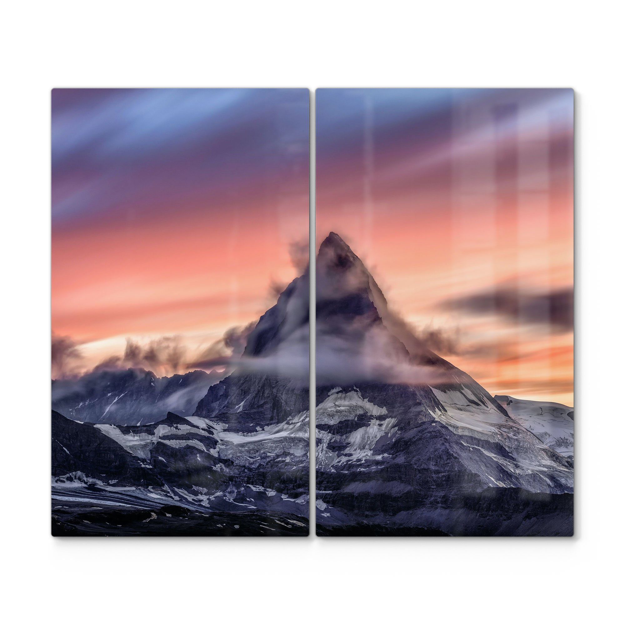 DEQORI Herdblende-/Abdeckplatte 'Sonnenaufgang Matterhorn', Glas, (2 tlg), Glas Herdabdeckplatte Ceranfeld Herd