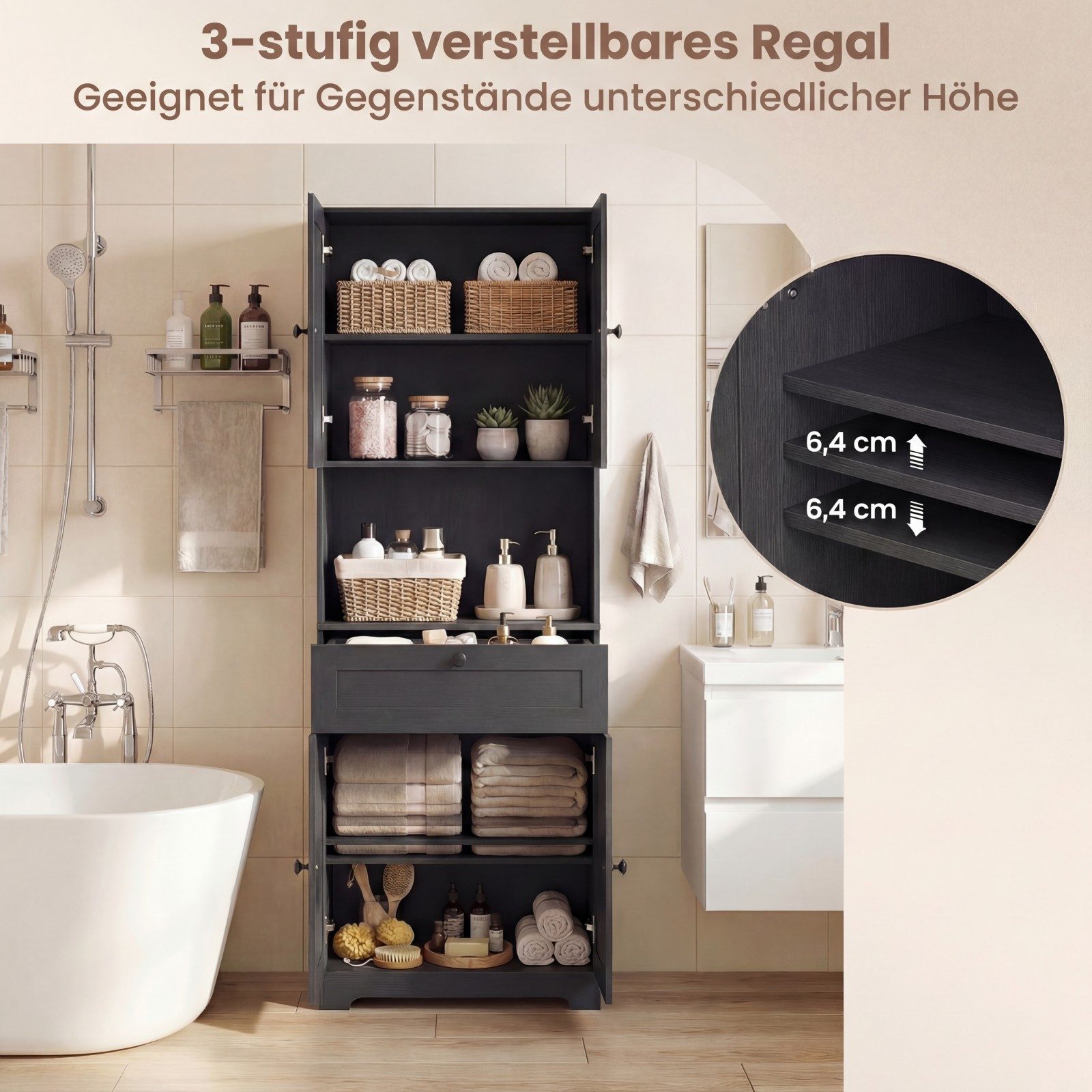 COSTWAY Badkommode, Hochschrank Bad mit 4 Türen Küchenschrank 171,5 cm
