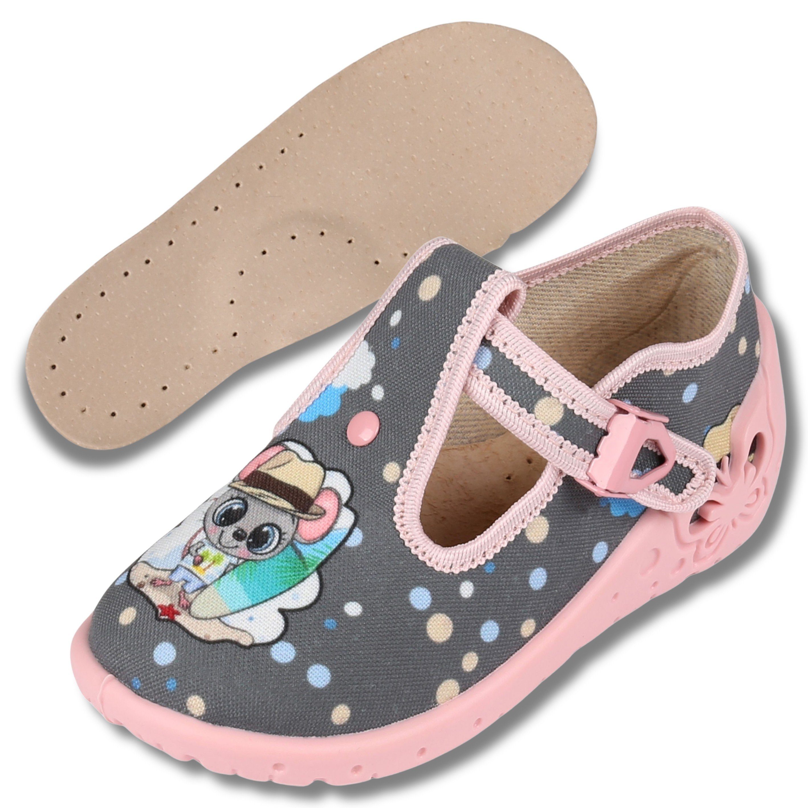 Sarcia.eu Graue Kinderhausschuhe mit Ledersohle Daria Maus ZETPOL Hausschuh