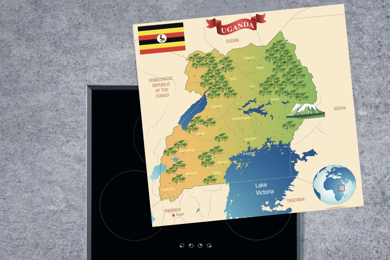 MuchoWow Herdblende-/Abdeckplatte Karte Vinyl, tlg), mit auf Arbeitsplatte Illustration Ceranfeldabdeckung, kleinen Uganda von für 78x78 küche (1 cm, Zeichnungen, einer
