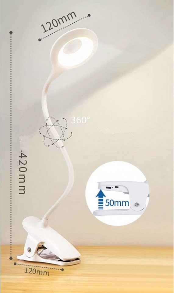 autolock LED Leselampe Klemmlampe Bett - Dimmbar Leselampe Buch Klemme  Augenschutz Led, Klemmleuchte 3 Modi Bettlampe, USB Aufladbares Akku  Leselampe 360°