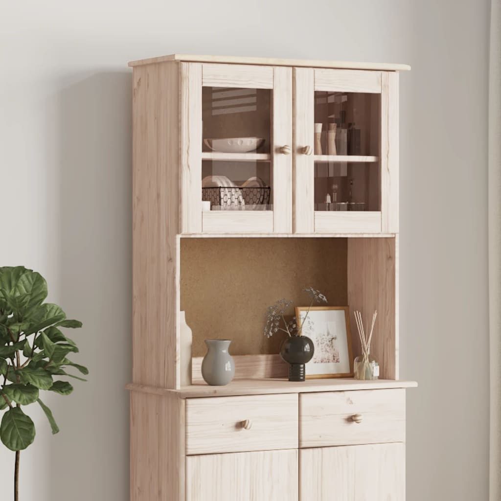 furnicato Aufsatzschrank Sideboard-Aufsatz aus massivem Kiefernholz, 77 x 30 x 92 cm, natur (1-St) Vitrinenaufsatz mit Glastüren, Ablageböden und Wandhalterung