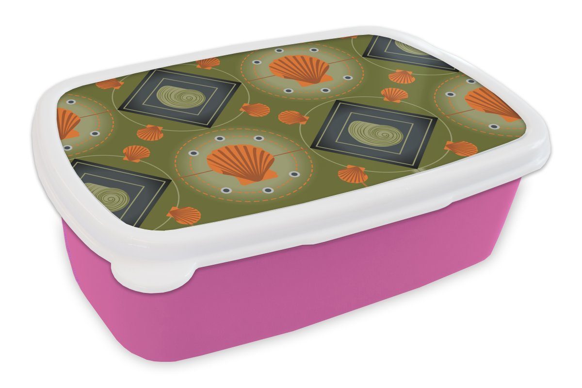 MuchoWow Lunchbox Patchwork - Muscheln - Meer - Strand, Kunststoff, (2-tlg), Brotbox für Erwachsene, Brotdose Kinder, Snackbox, Mädchen, Kunststoff rosa