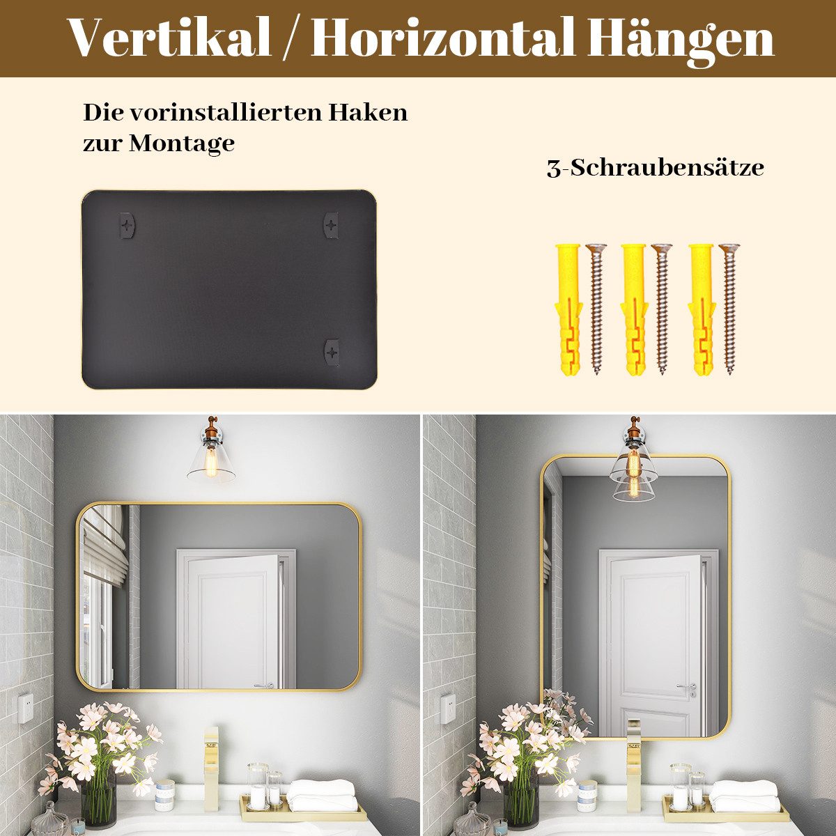 BEAUTYPEAK Wandspiegel Rechteckiger Spiegel mit abgerundeten Ecken