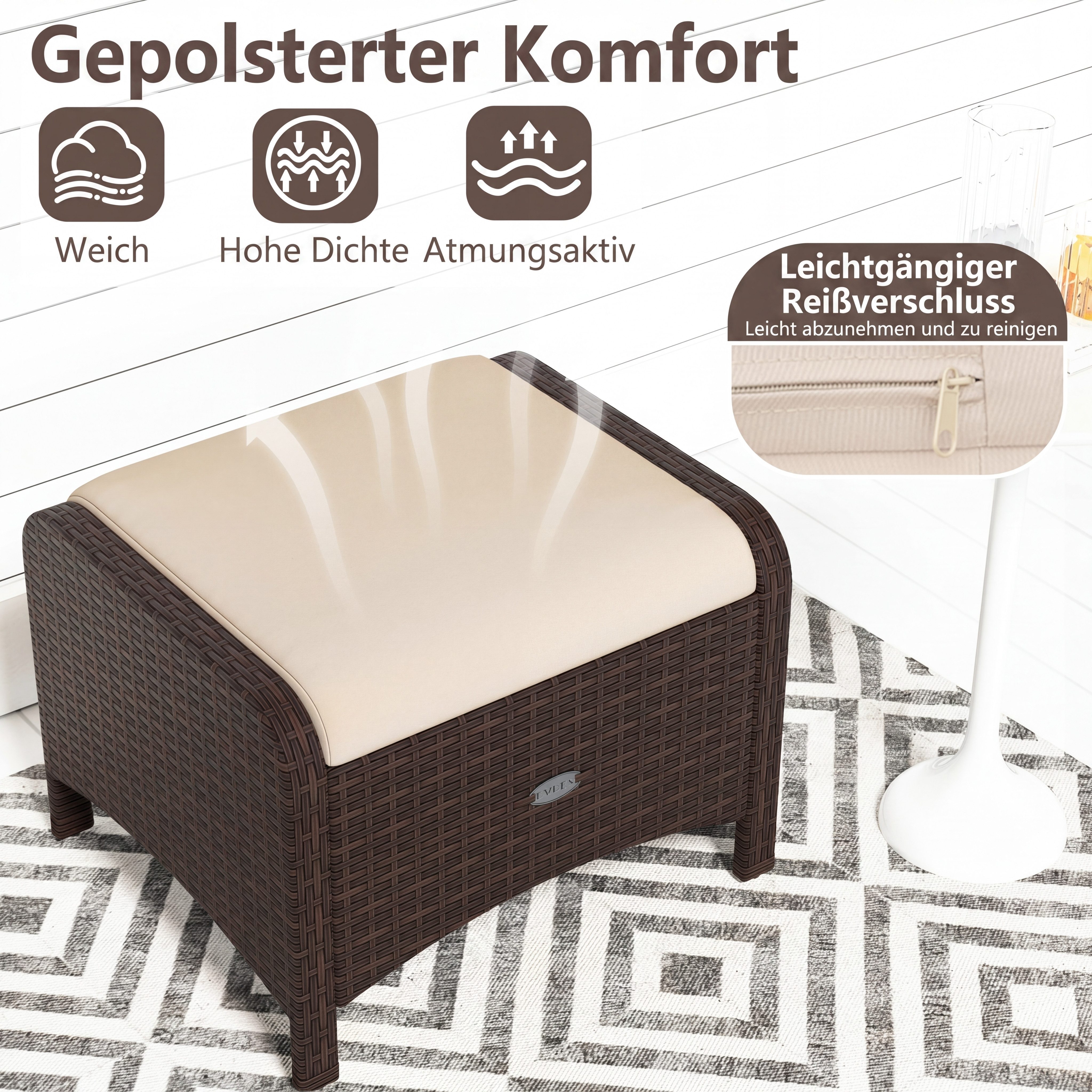COSTWAY Fußhocker (2er Set), Rattan Sitzhocker mit abnehmbarem Kissen wetterfest 46x54x39,5cm