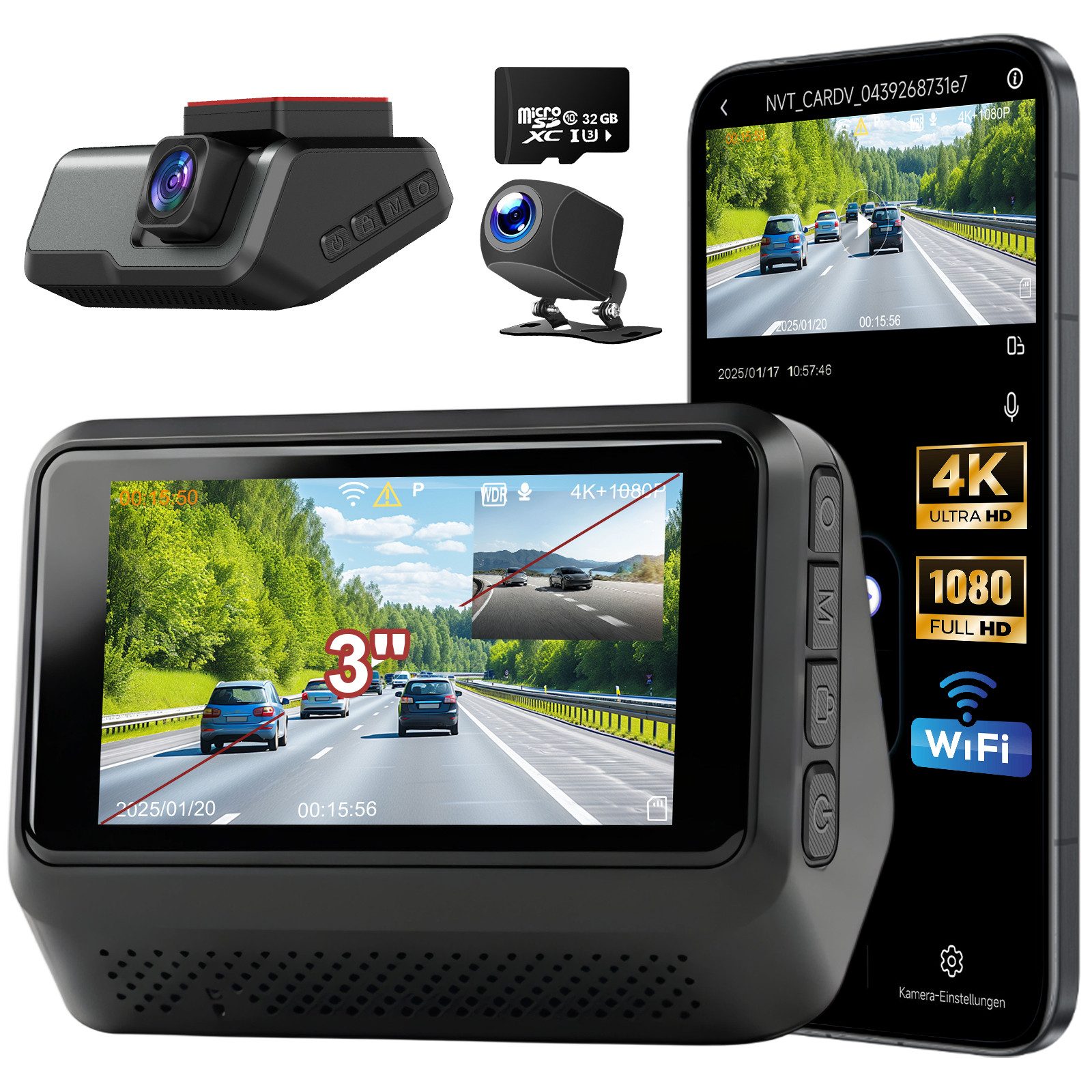 CkeyiN Dashcam Auto 4K 1080P 2-Kanal 170° Weitwinkel mit 32GB TF-Karte WDR Dashcam (4K Ultra HD, 3'' IPS-Bildschirm, mit Nachtsicht, G-Sensor, Loop-Aufnahme Wifi App-Steuerung)