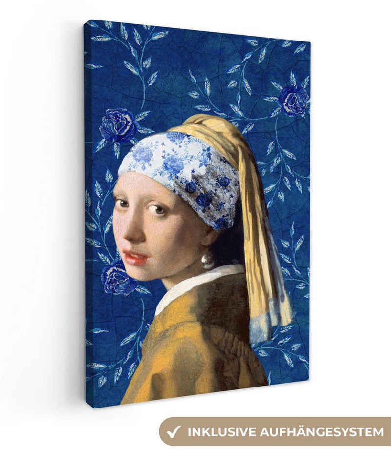 OneMillionCanvasses® Gemälde Mädchen mit Perlenohrring - Delfter Blau - Vermeer - Blumen - Gemälde, (1 St), Wandbild für alle Wohnbereiche, Gemälde, XXL, großes, 80x120 cm
