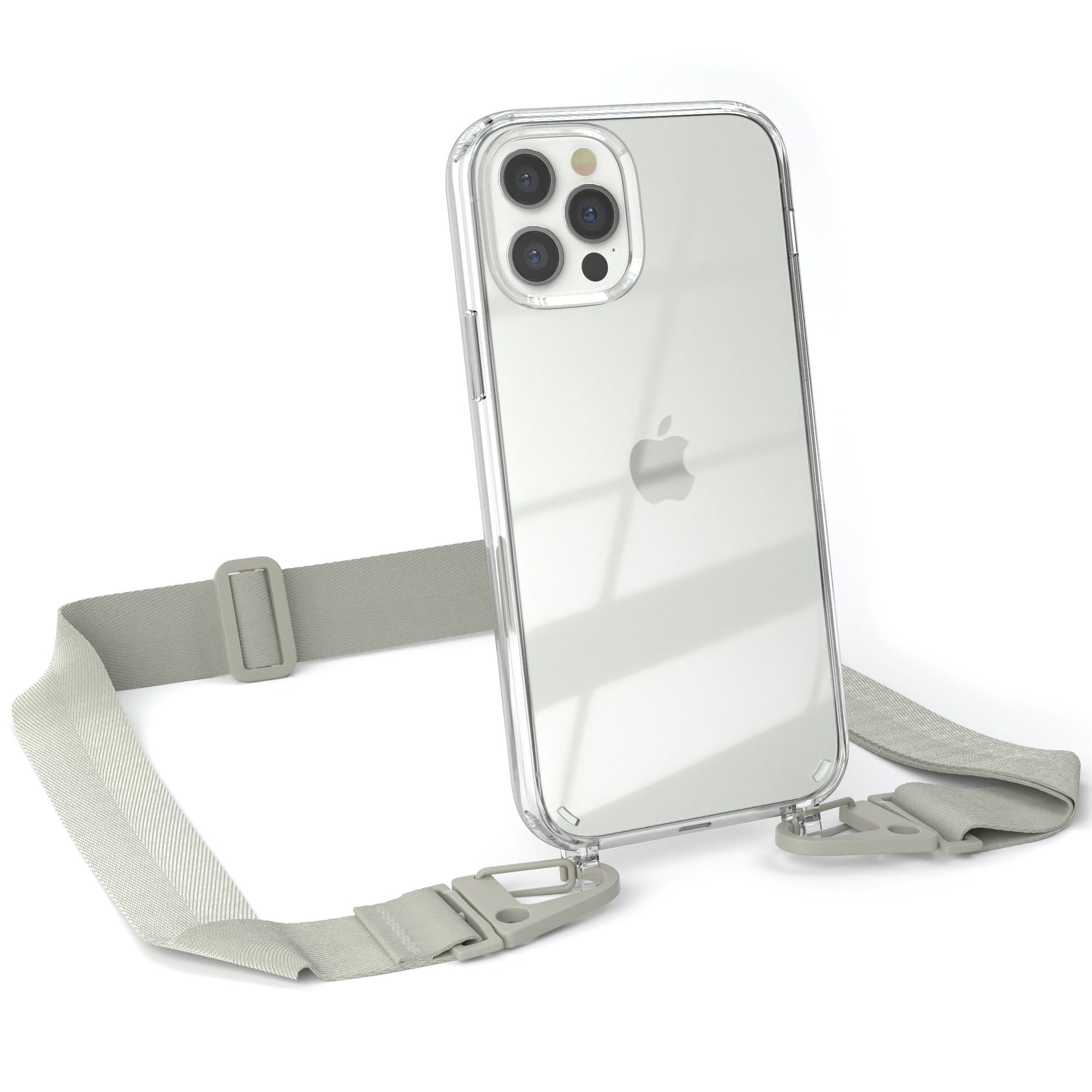 EAZY CASE Handykette Silikon Kette für Apple iPhone 12 iPhone 12 Pro 6,1 Zoll, Ketten Hülle Transparent Case Kettenhülle abnehmbare Kordel Grau Taupe