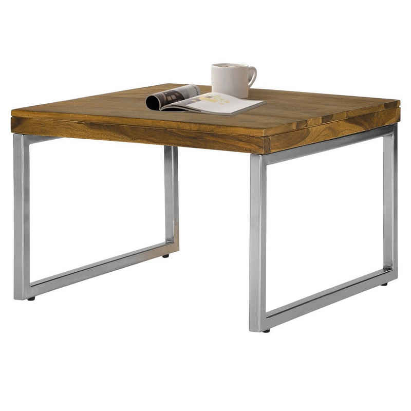 WOMO-DESIGN Beistelltisch Журнальные столики Wohnzimmertisch Sofatisch Kaffeetisch Tisch, 60x40x60cm Unikat Landhaus-Stil Massivholz Sheesham Natur Edelstahl