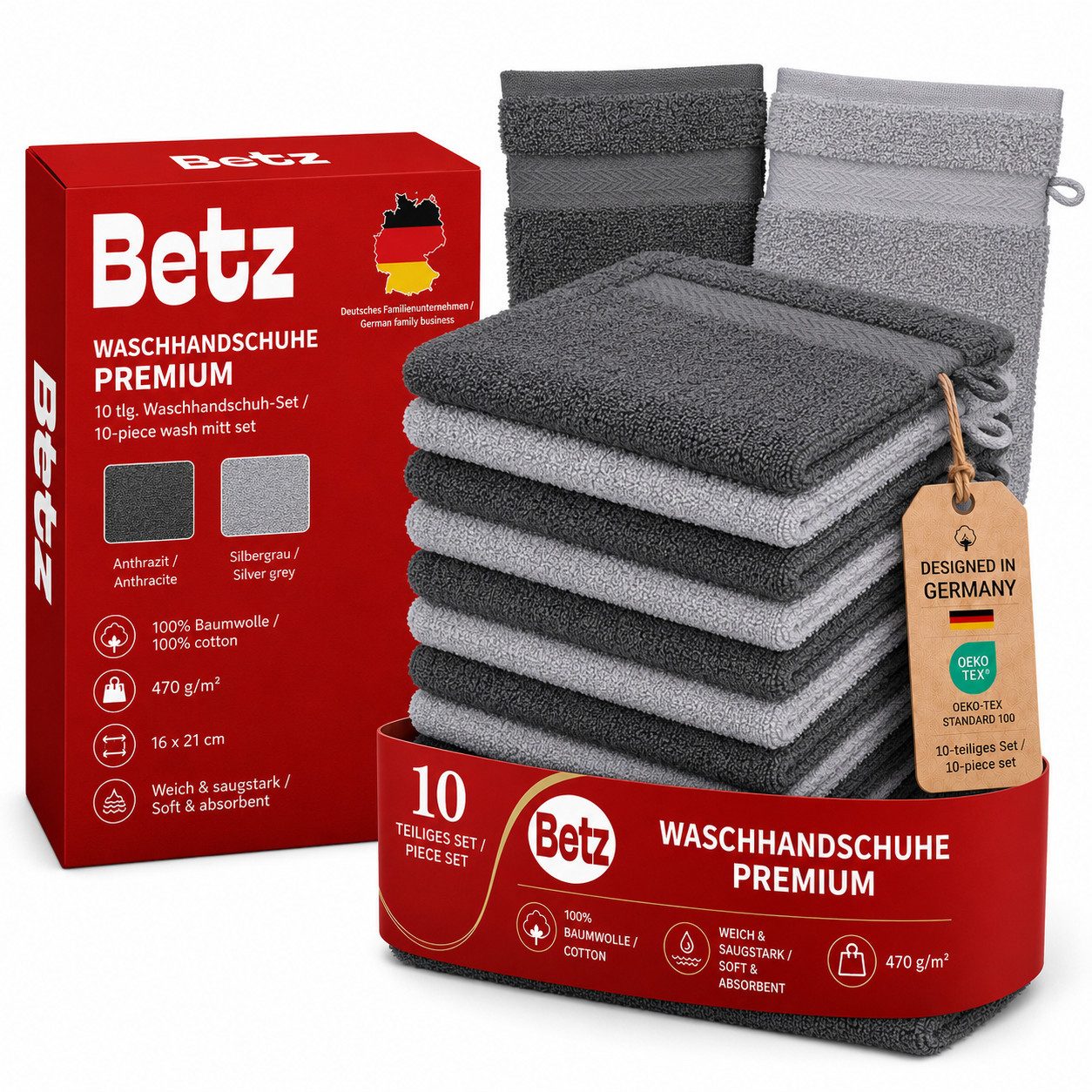 Betz Waschhandschuh 10 Stück Premium 16x21 cm Farbe anthrazit und silbergrau, (Set, 10-St)