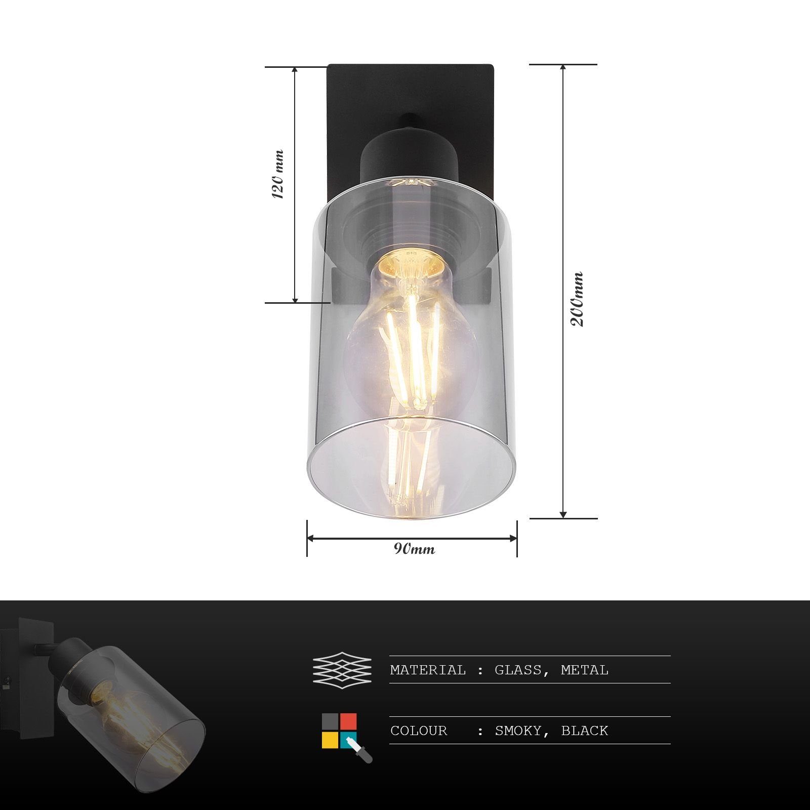 Rauchglas Globo Wandlampe Schwarz Industrie Optik GLOBO Wandleuchte Wandleuchte Innen