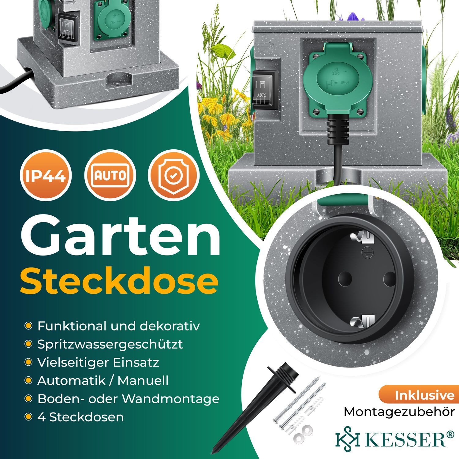 KESSER Gartensteckdose, Gartensteckdose Steinoptik mit Steckplätzen Inkl.Erdspieß
