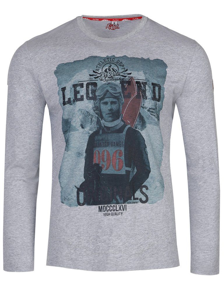 (1-tlg) Print, Piz T-Shirt Skifahrer Palü - mit Herren langärmeliges - 020034 Langarmshirt Pullover Grau "Unterhaching" Longsleeve