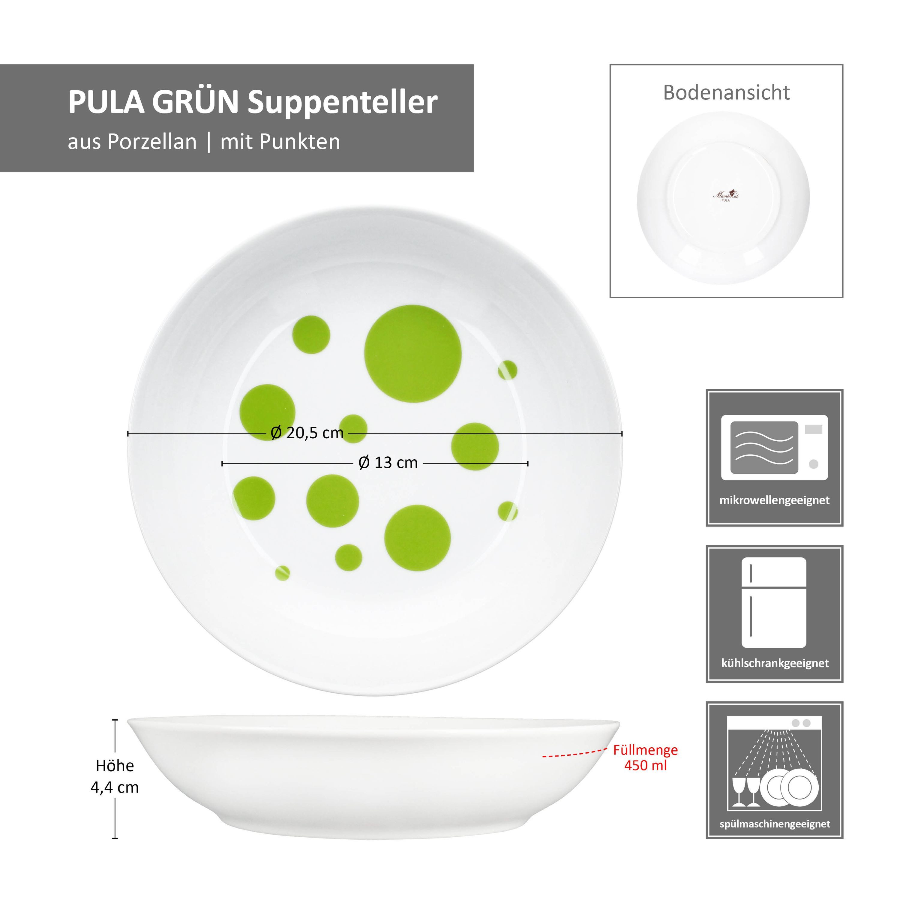 MamboCat Suppenteller Pula grün 6er Set Suppenteller 450ml Porzellan tiefe Teller Punkte