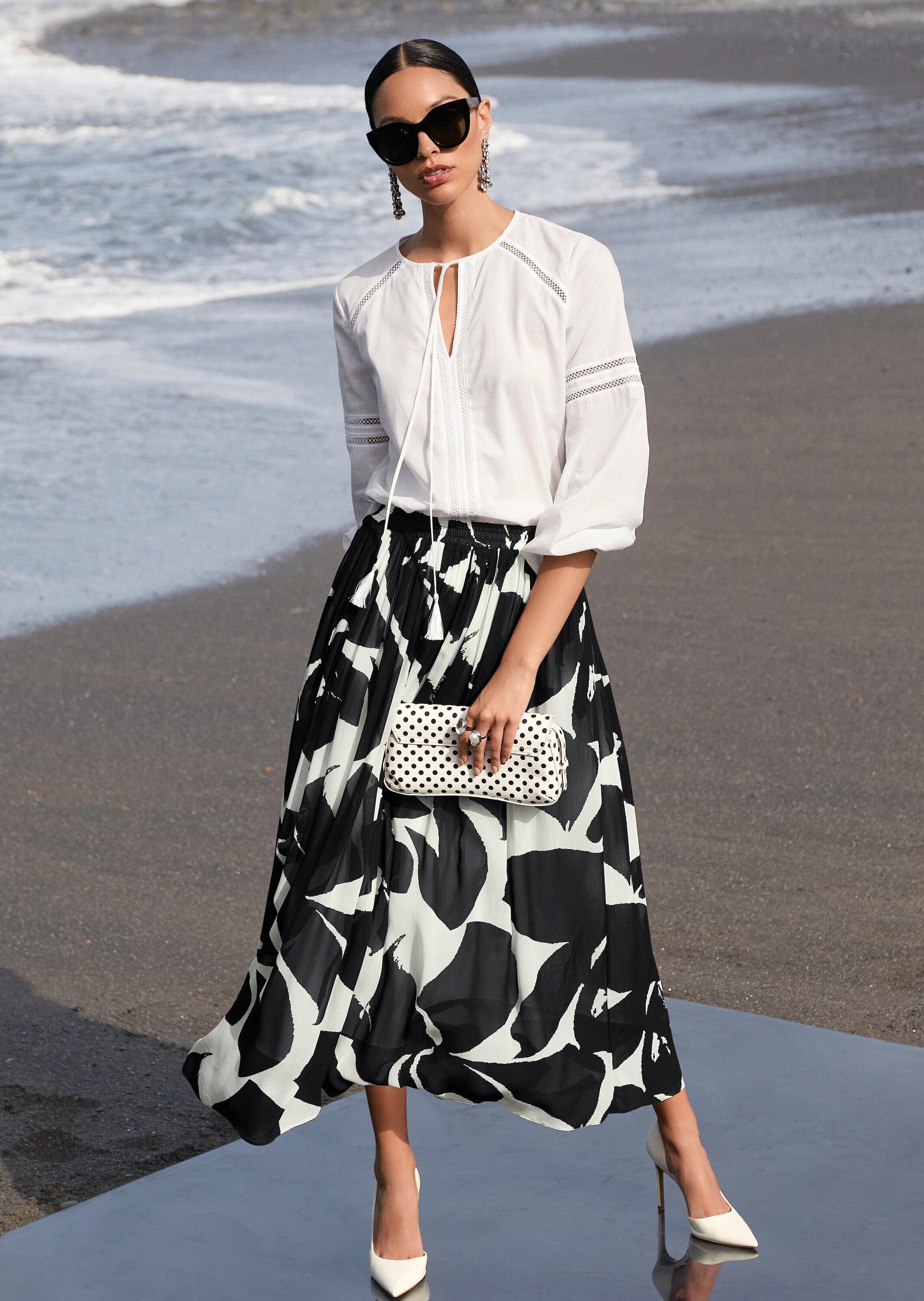 MADELEINE Maxirock Druckrock mit floralem Muster Faltenrock mit Schlupfbund, Taschen und Wadenlänge