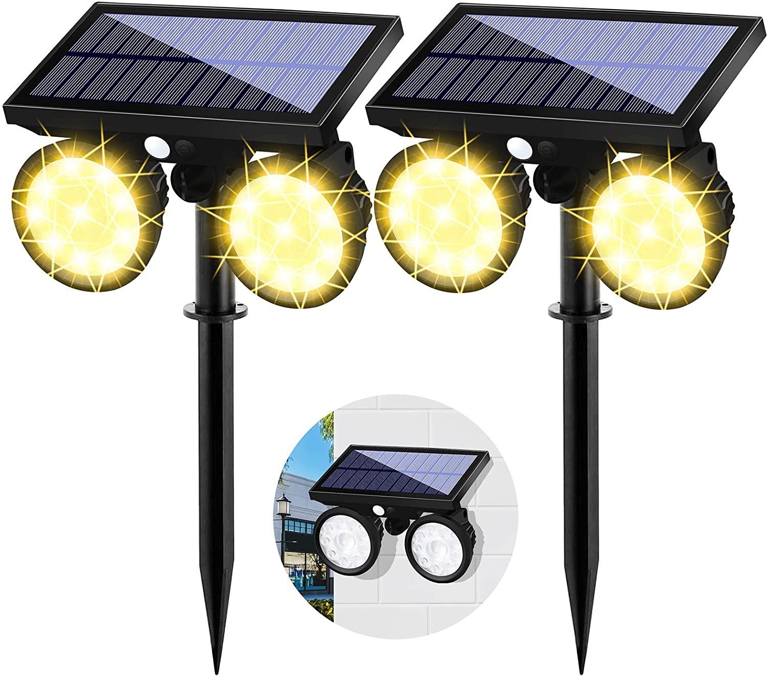 Doppel Solarstrahler mit Bewegungsmelder Außen Lampe LED Solar Leuchte Strahler 