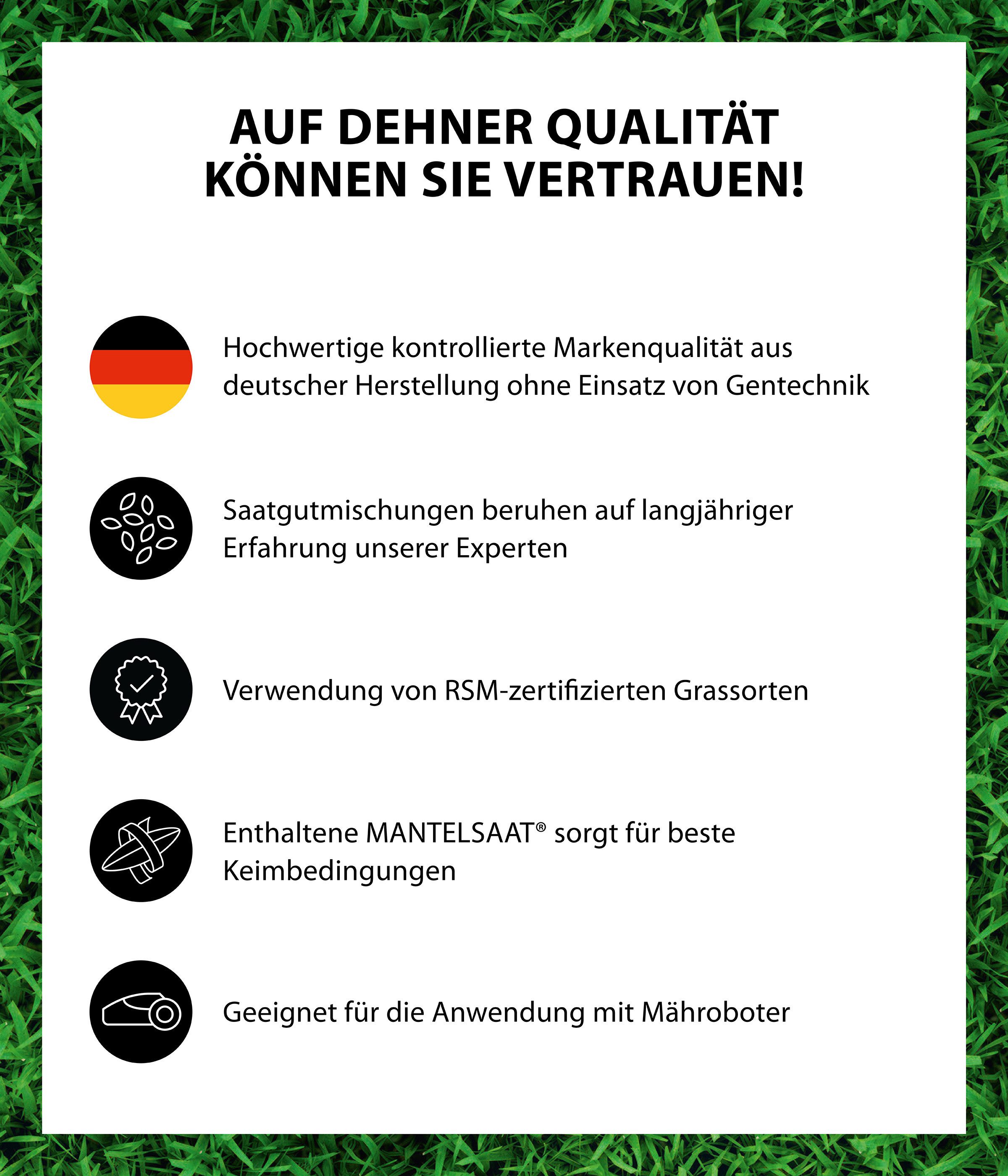 Dehner Rasensamen Pflegeleichte Rasensamen, schnell keimend und robust, 500 g, Für ca. 25 m², ideal für Nachsaat, dichter Rasen, sattgrün