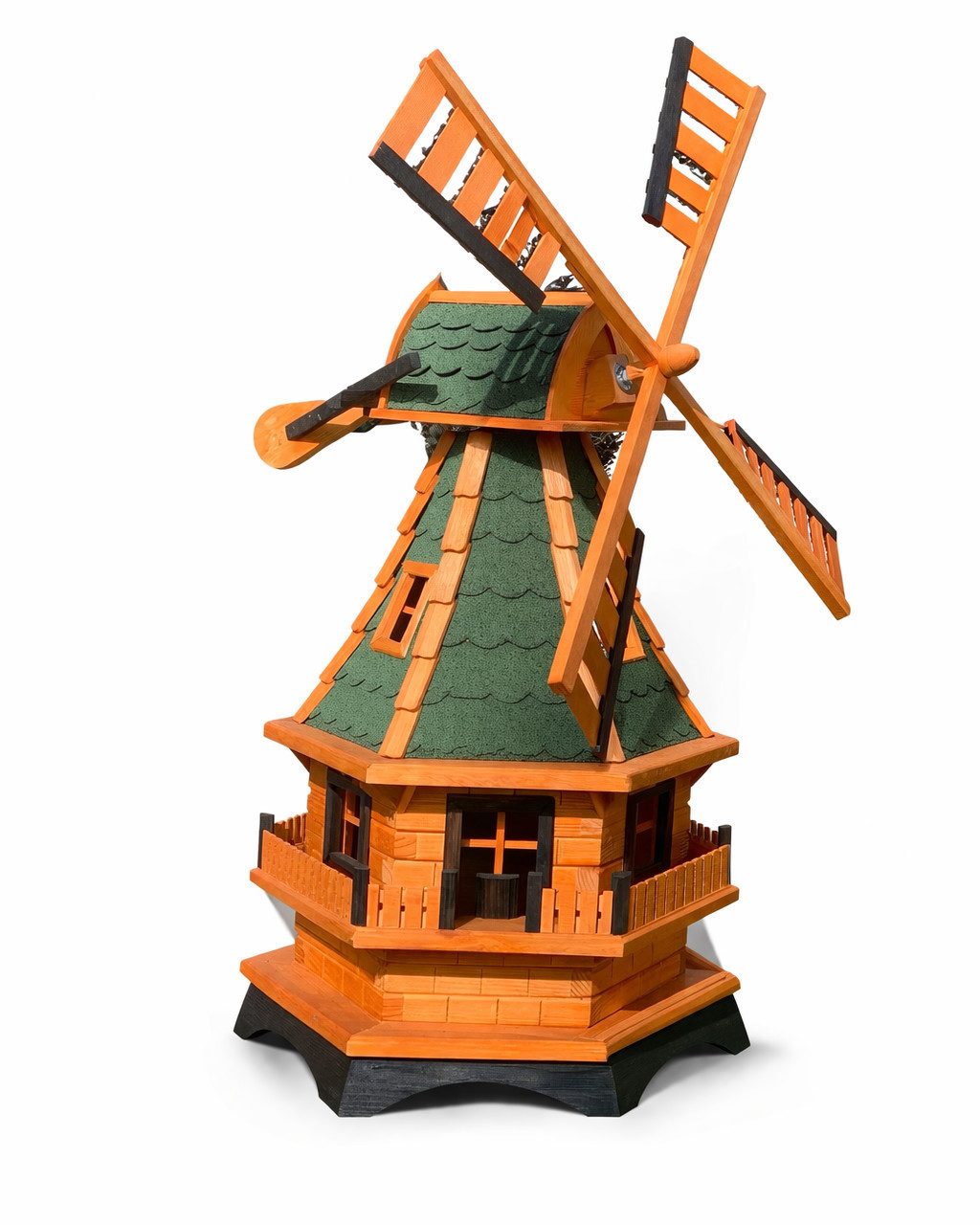 Holzdekoladen Deko-Windrad XL Gartenwindmühle Holz 130 cm mit Solar LED weiß drehbar