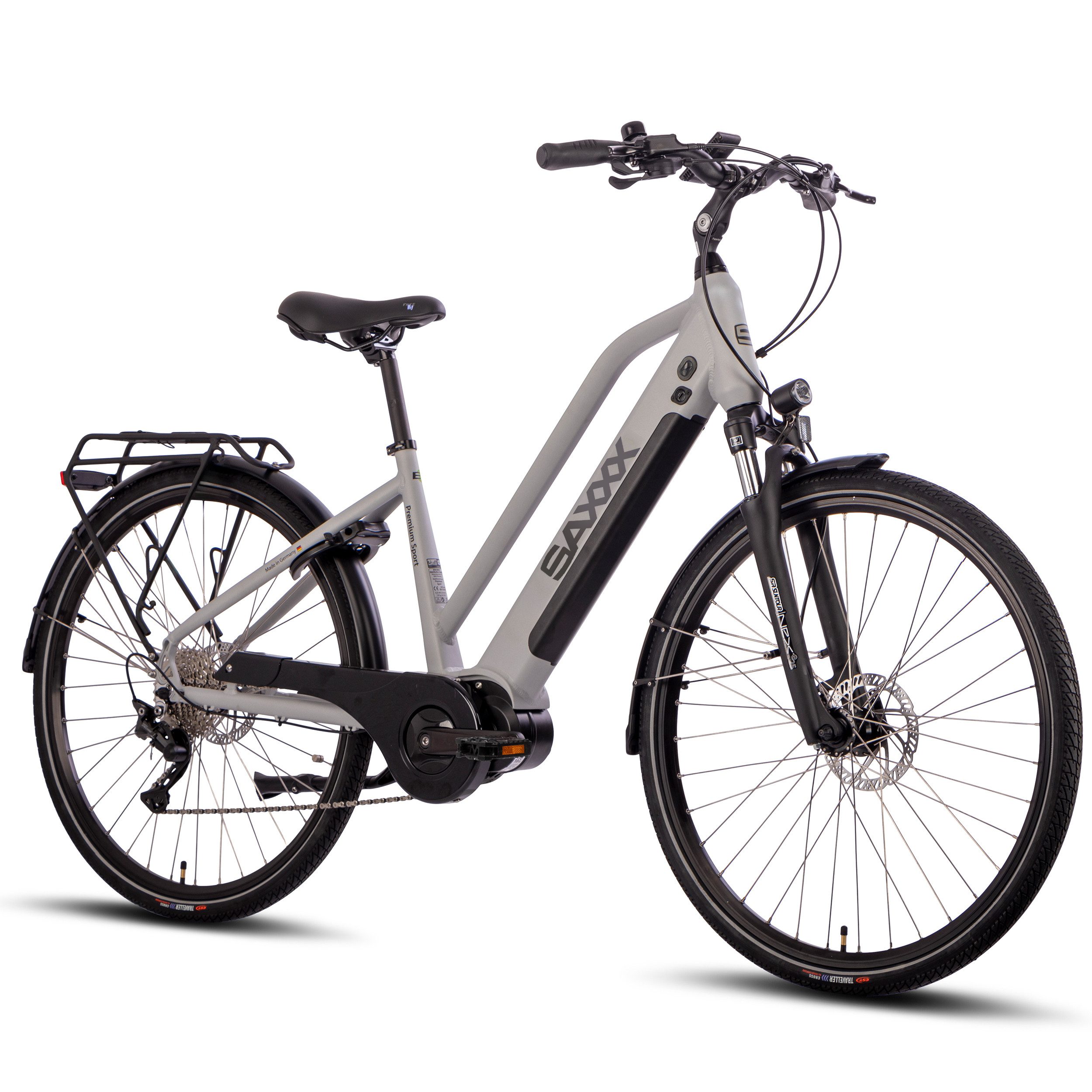 SAXXX E-Bike Trekkingrad 28x2'' für Damen u. Herren, SAXXX PST, 522Wh, 60-100km, 130kg, 10 Gang SHIMANO Deore Schaltwerk, Kettenschaltung, Mittelmotor, 522 Wh, (mit Schloss, mit abnehmbarem Akku, vormontiert zu 95), 25km/h, Pedelec, E-Cityrad, hydr. Scheibenbremsen