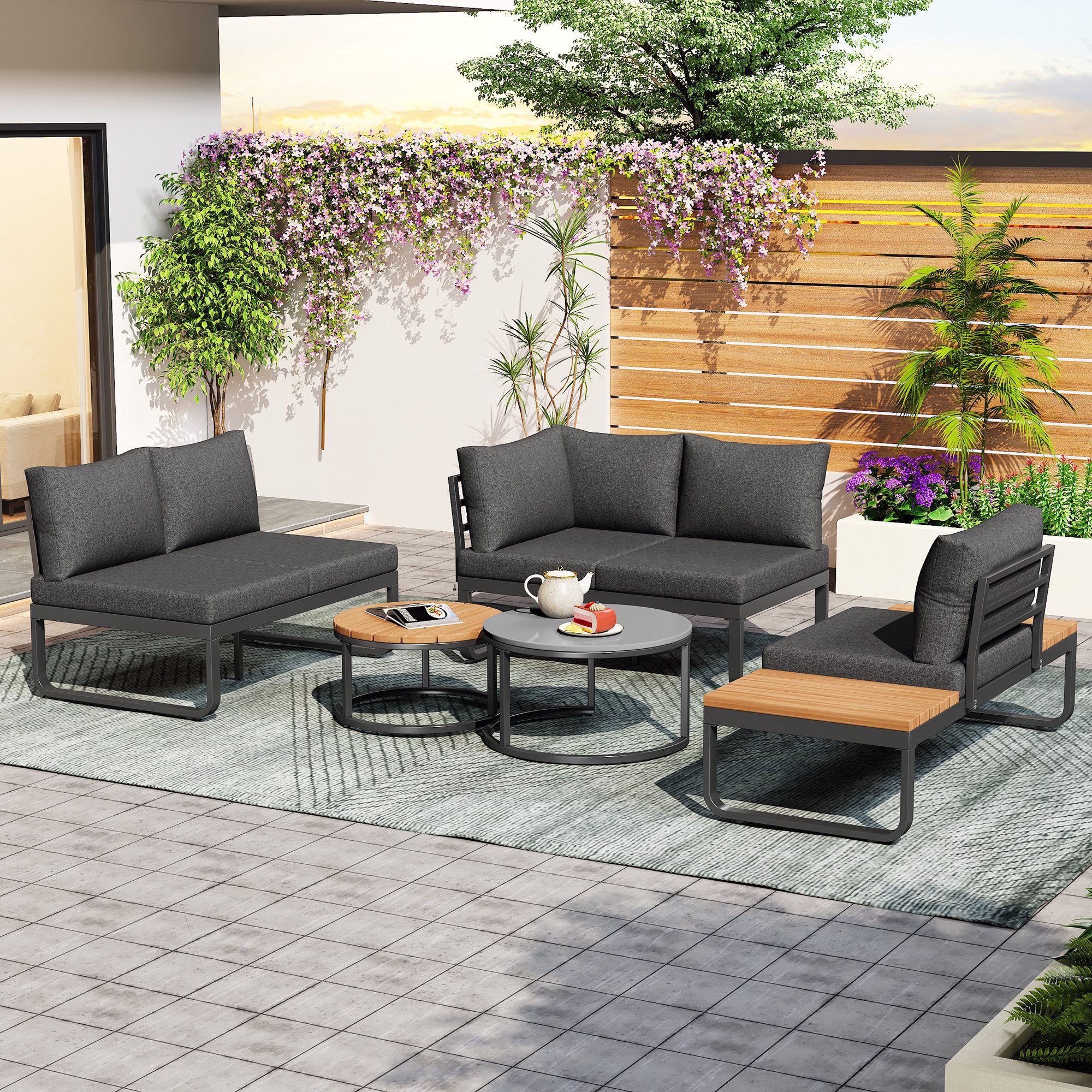 STILVORA Sofa Gartenmöbel-Set für 4-5 Personen Sitzgruppe mit stapelbare Couchtische, Gartenmöbel-Set für 4-5 Personen – 2 Stapelbare Couchtische, Ergonomisches Sofa mit verstellbaren Füßen, Rostfreier Eisenrahmen, Bequeme Kissen und Graue Polster – Perfekt für Garten, Balkon & Terrasse, mit Relaxfunktion