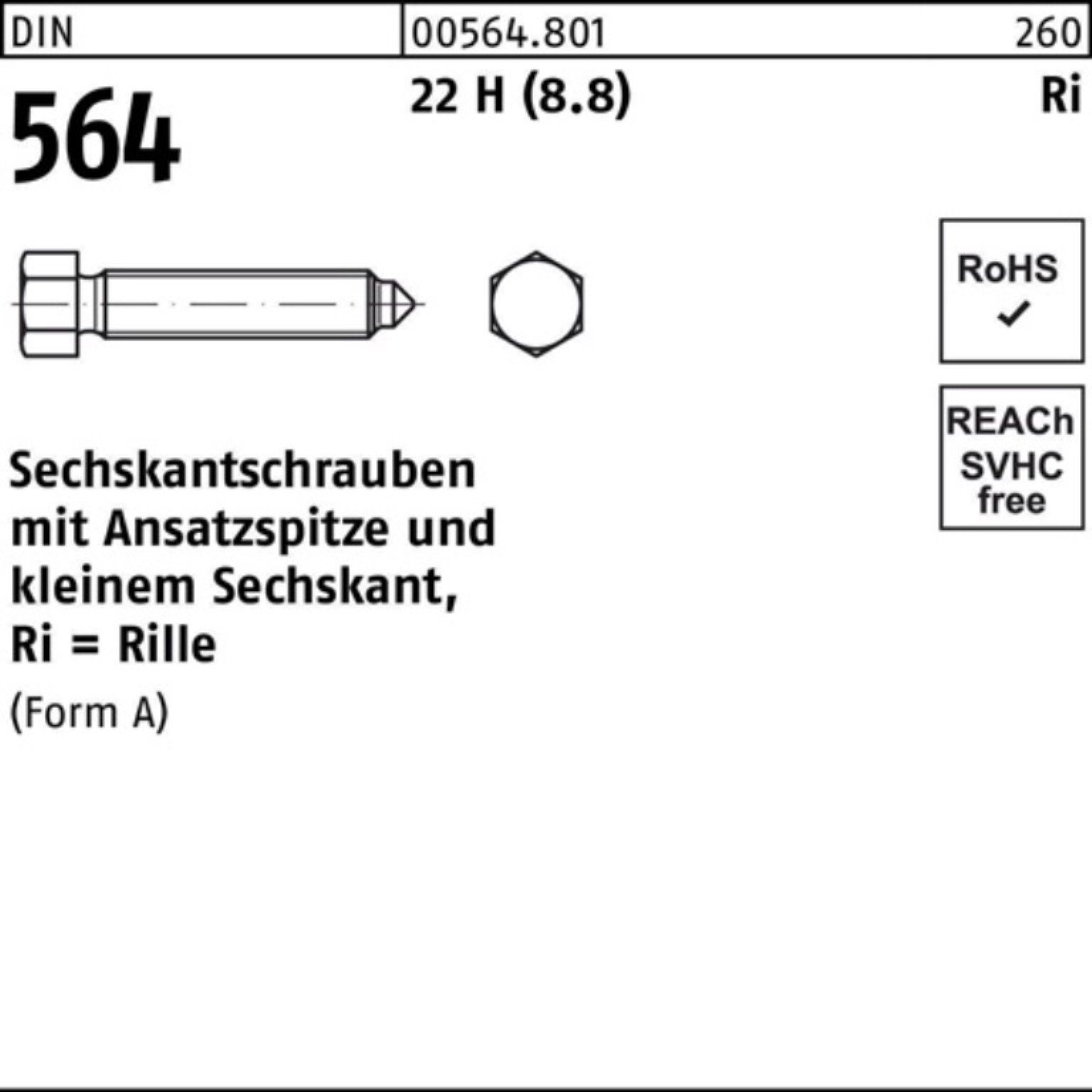 Reyher Sechskantschraube 100er Pack Sechskantschraube DIN 564 Ansatzspitze AM 20x 100 22 H (8.8