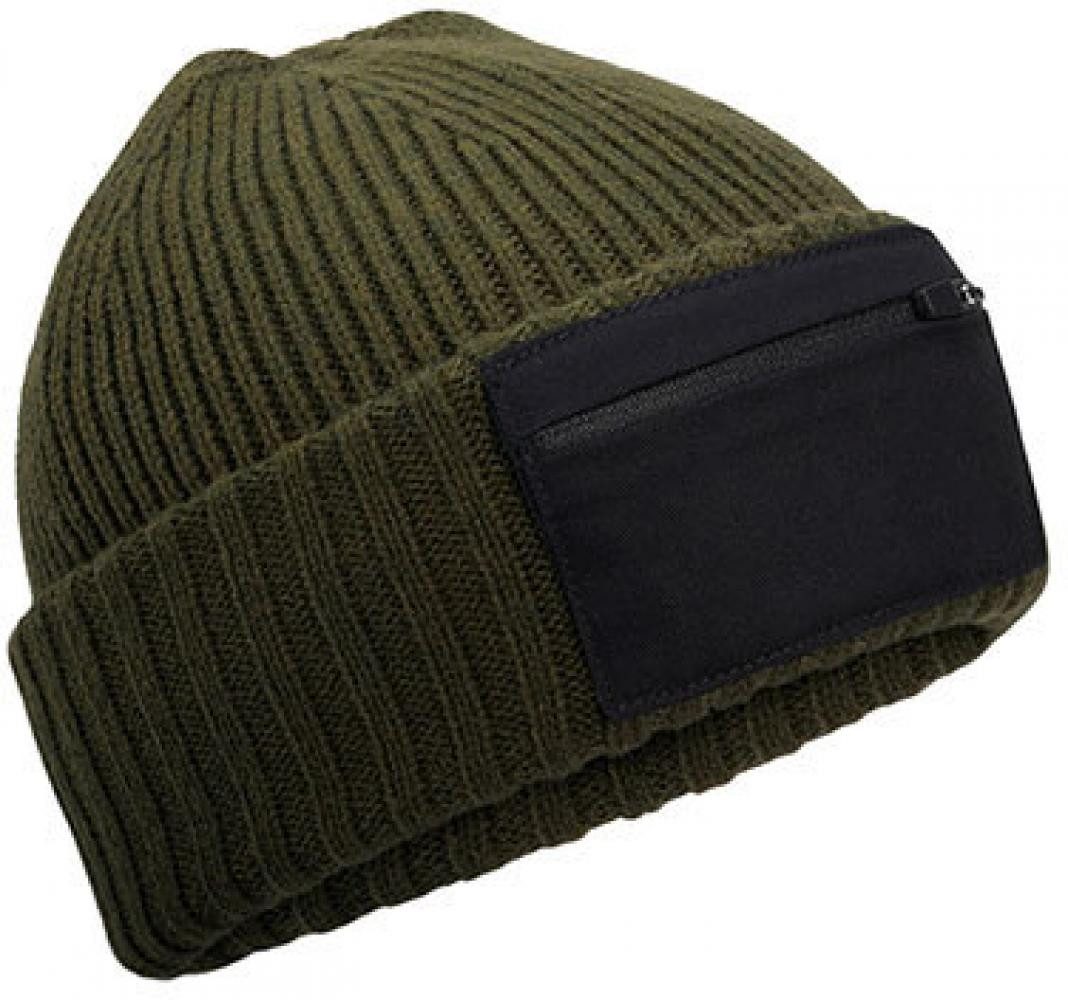 Beechfield® Bommelmütze Zip Patch Beanie Vordertasche mit Reißverschluss