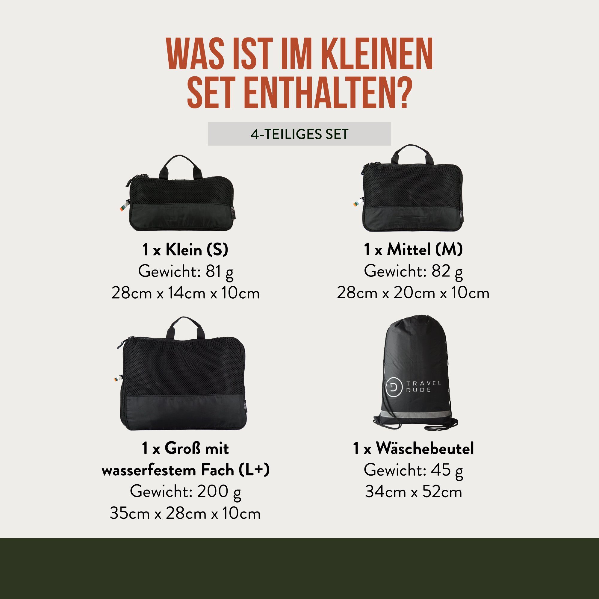 Nassfach Kofferorganizer (ultraleichte Schwarz aus Mit Wäschebeutel), verschiedenen 4-tlg., einem Packtaschen und recycelten Kompression Plastikflaschen Packwürfel, Größen in einem und mit TRAVEL DUDE