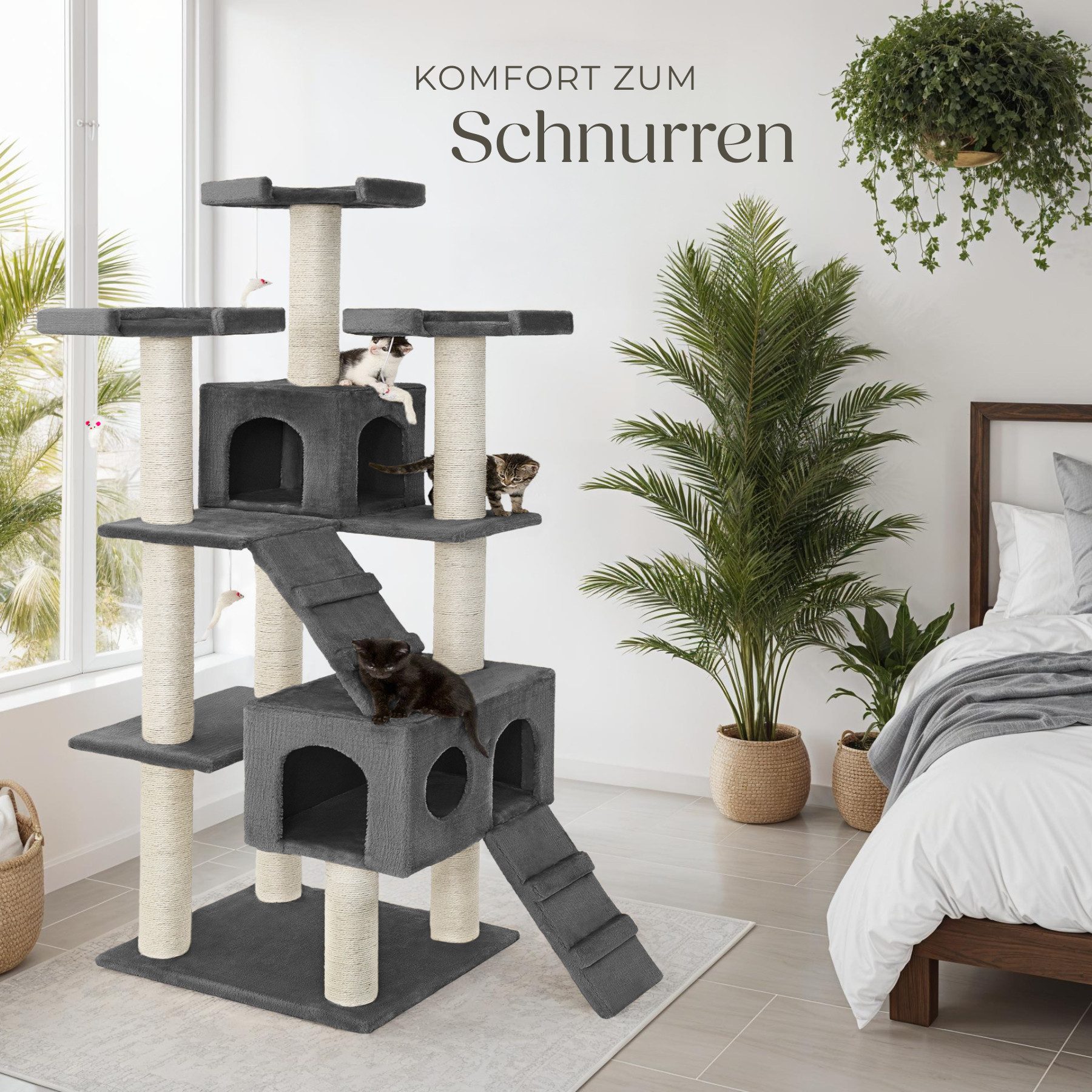 tectake Kratzbaum Katzenbaum Knuti 186 cm Diverse Farben (Grau), Vielseitig mit robusten Sisalstangen und Plüschoberfläche