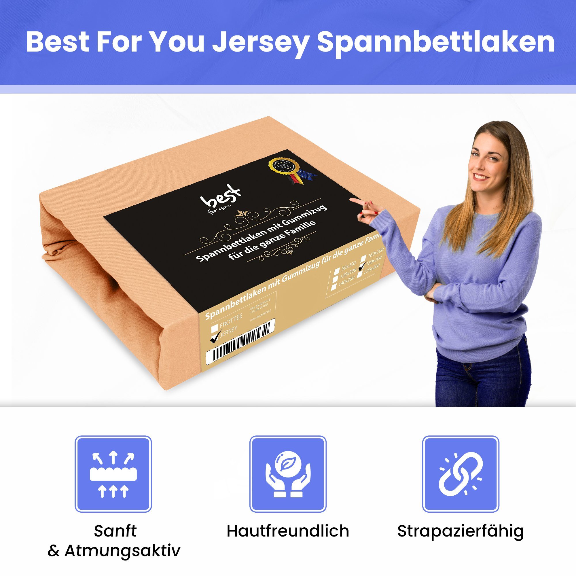 Best for You Spannbettlaken Jersey-Spannbettlaken – kuscheliger Schlafkomfort & perfekte Passform, Jersey, Gummizug: Rundum, (1 Stück), 100 % Baumwolle, Jersey-Stoff, mit Elasthan, atmungsaktiv