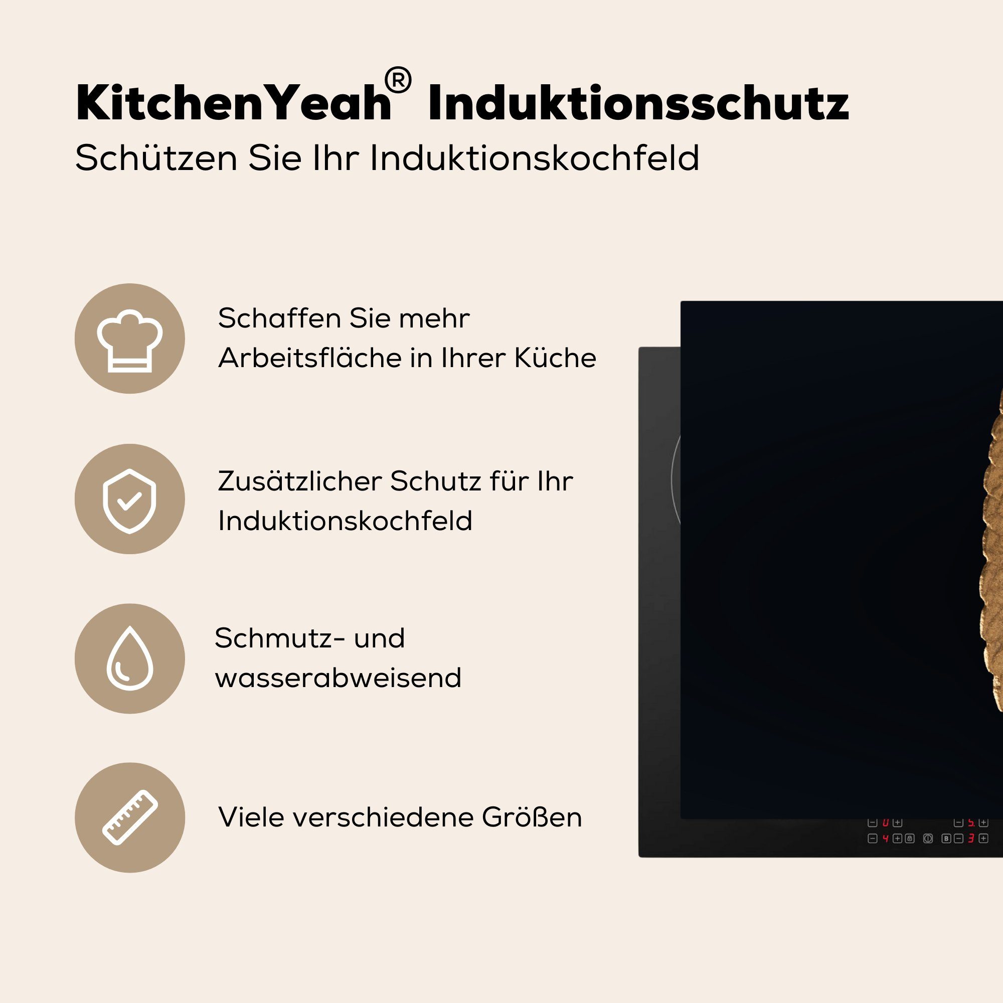 MuchoWow Herdblende-/Abdeckplatte Induktionskochfeld (1 Vinyl, die küche, Luxus - Blätter - - - Gold 81x52 für tlg), Ceranfeldabdeckung cm, Schwarz Natur, Schutz