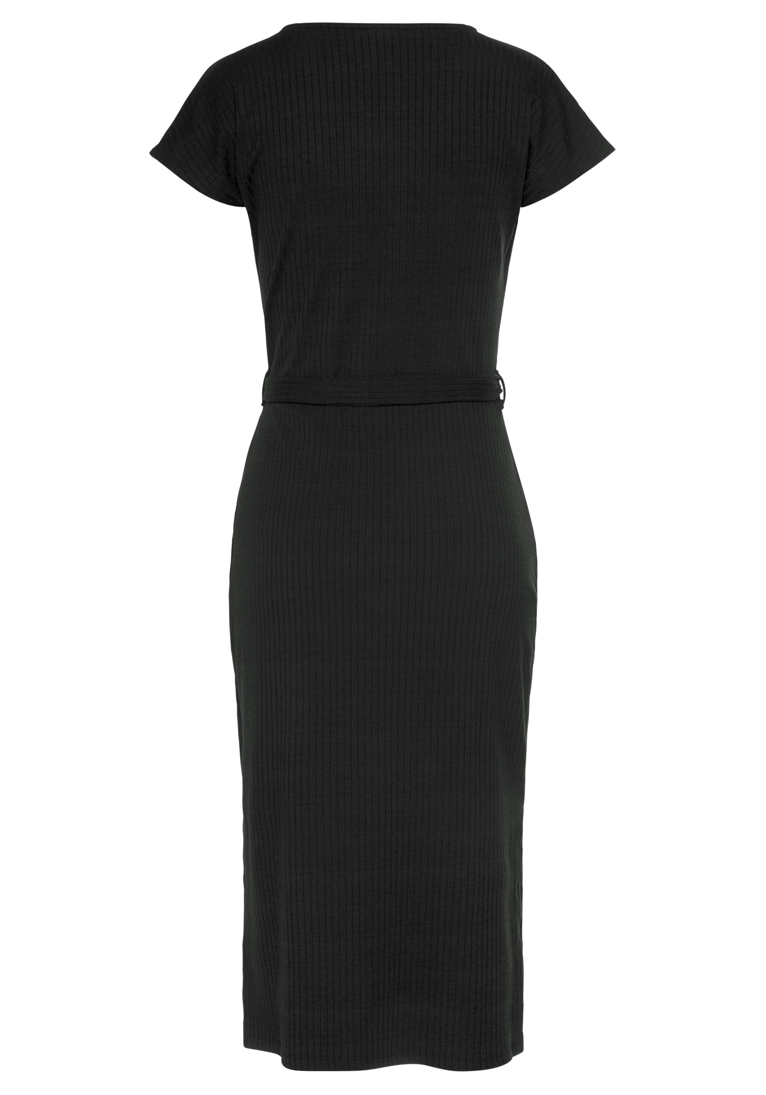 LASCANA Midikleid (mit Bindegürtel) aus Rippware, Wickelkleid mit Beinschlitz, casual-chic