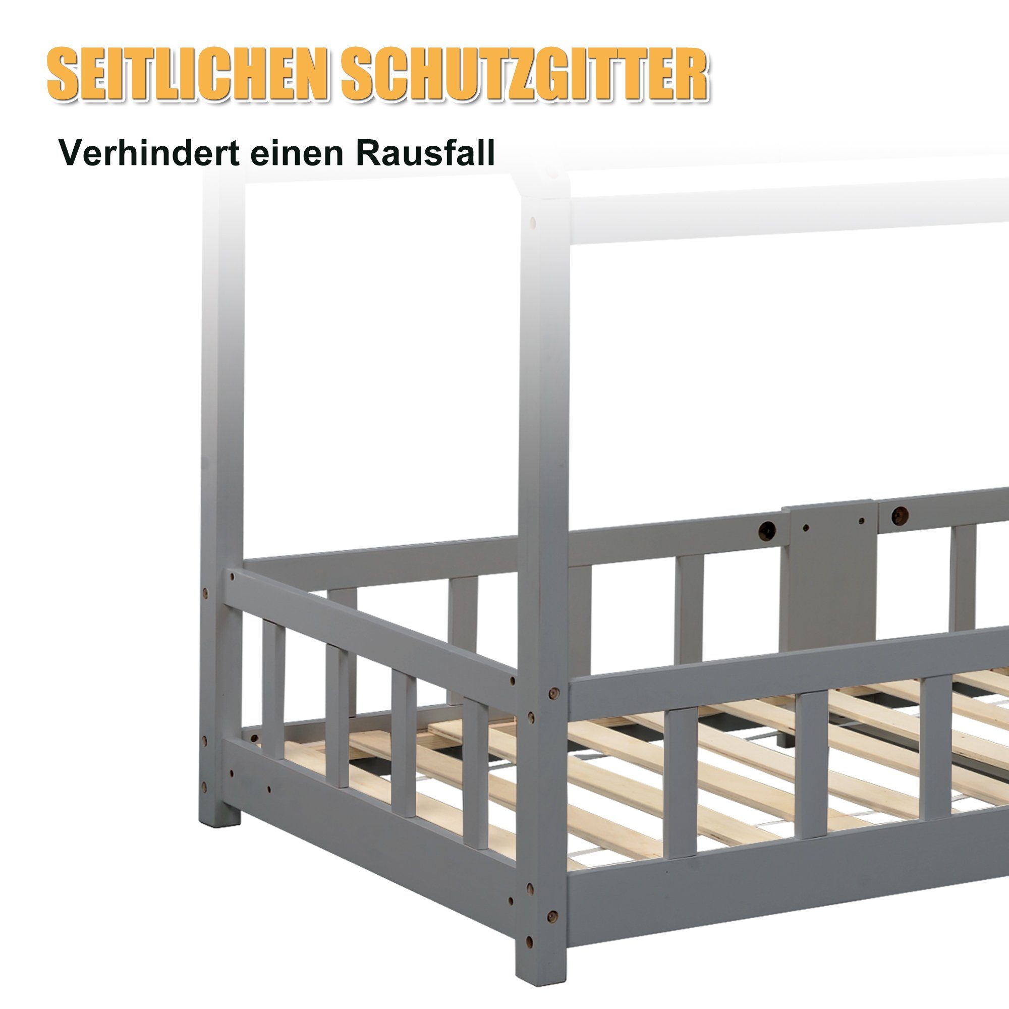 Kinderbett (Hausbett 90x200cm), Kinderbett mit Tafel, Rausfallschutz und Lattenrost, Kiefer