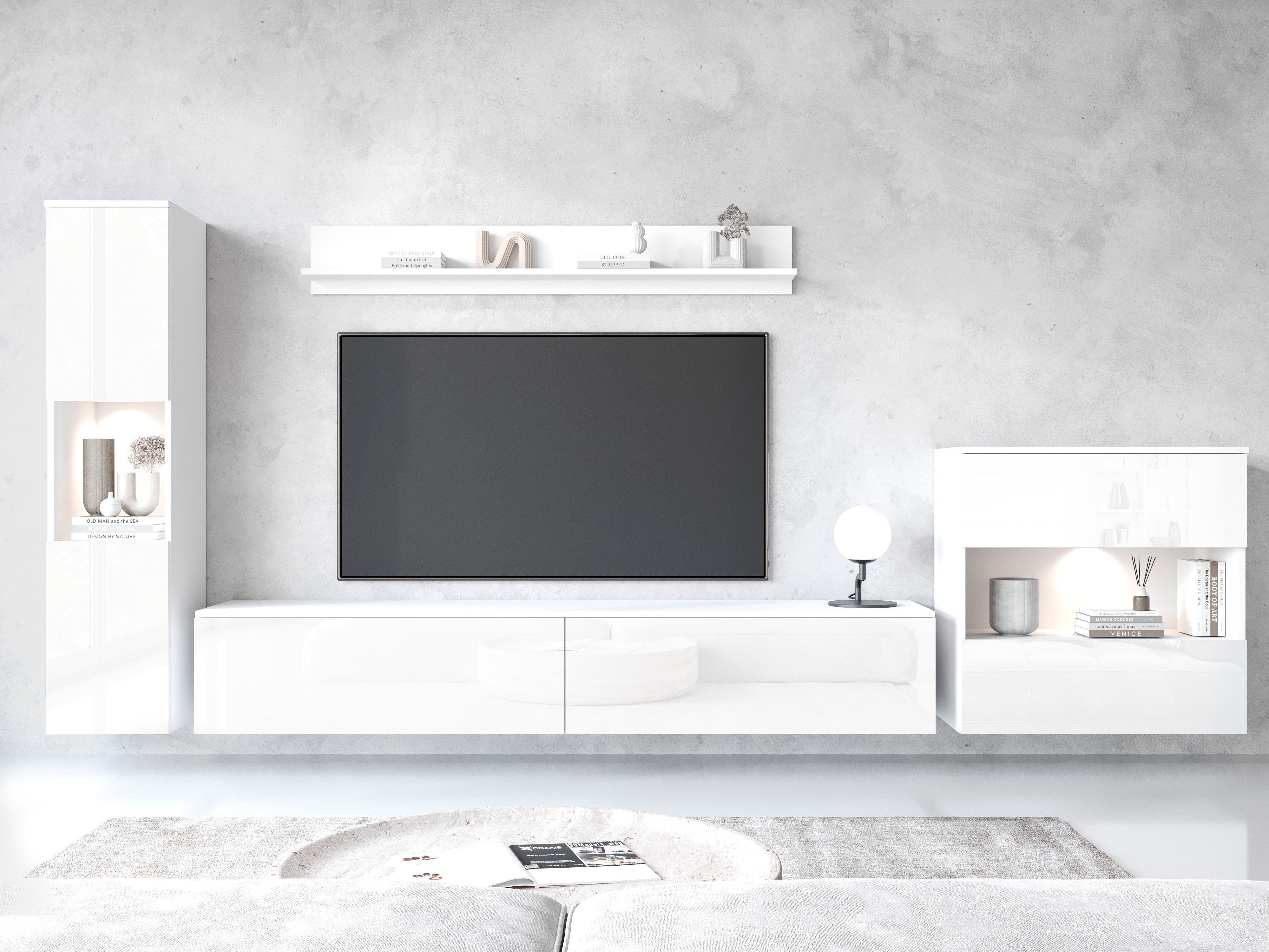 INOSIGN Wohnwand PARIS, Vitrine Türanschlag links/rechts wechselbar, (Komplett-Set, 4-St), grifflose Design, stehend und hängend montierbar