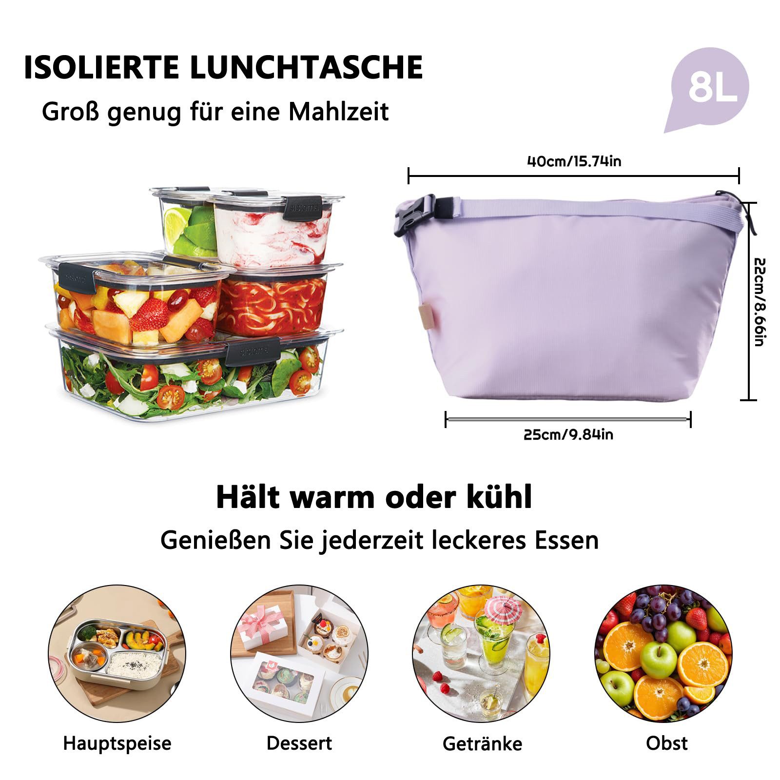 Agger Kühltasche Isolierte Lunch-Tasche mit dicker Folie, auslaufsichere Thermotasche, für Arbeit, Schule und Picknick, mit verstellbarem Schultergurt