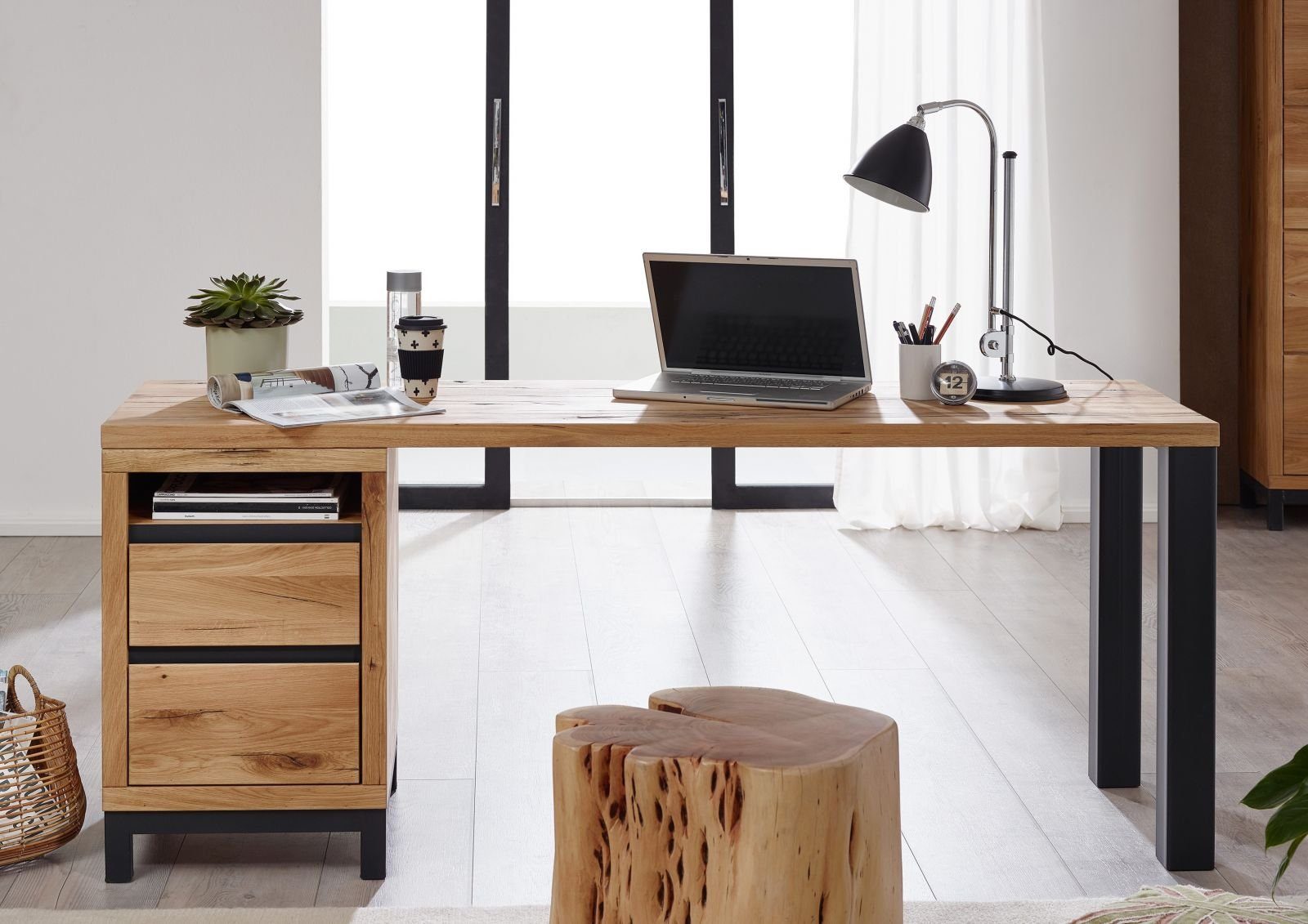 Massivmoebel24 Schreibtisch VILLANDERS (Massivholz, Massivholztisch), Schreibtisch Wildeiche 220x55x76 natur geölt VILLANDERS #142