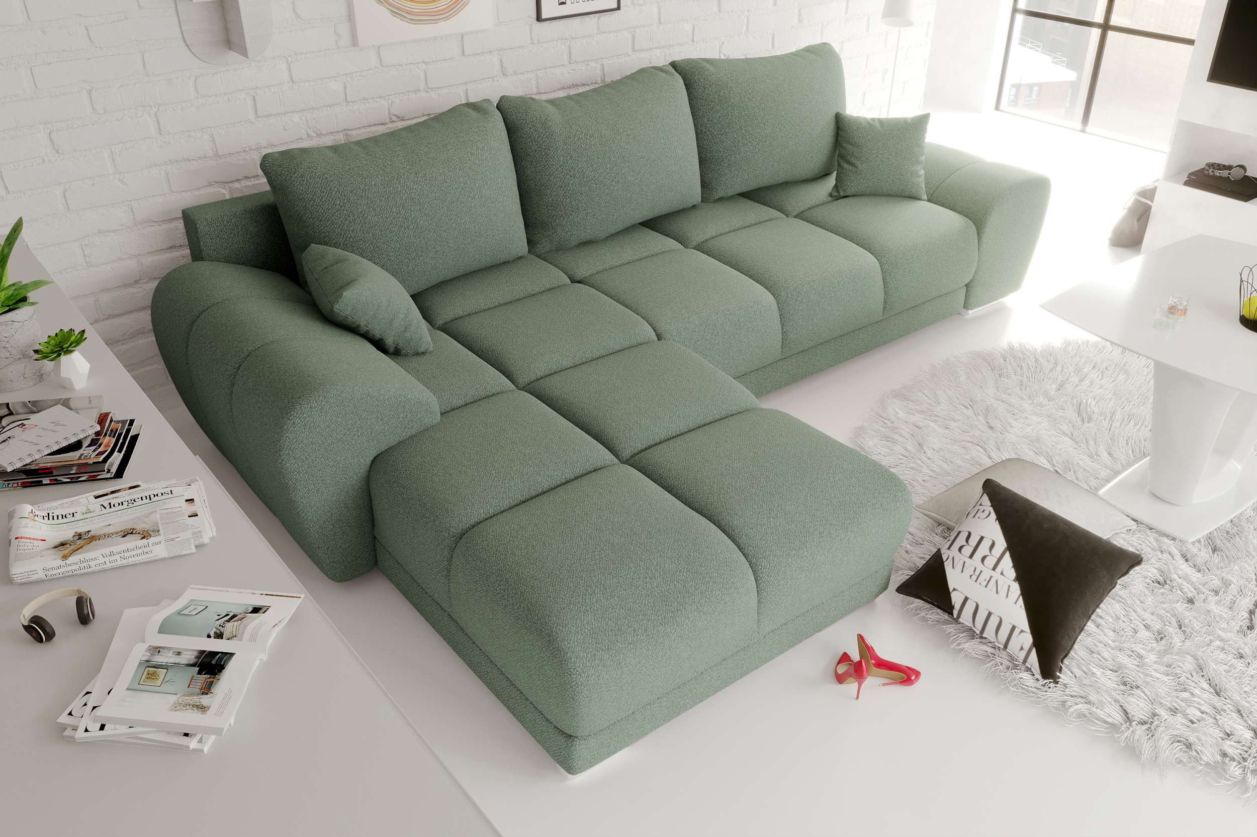 99rooms Ecksofa Antalya, Sofa L-Form, Eckcouch, mit Rückenkissen, Schlaffunktion, Strukturstoff NEVE