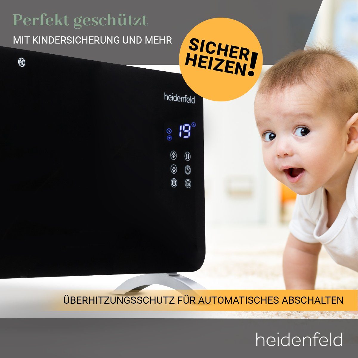 Heidenfeld Konvektor GK200 mit WLAN 2000 inkl. Kindersicherung Jahre Garantie - - LED-Display - Glaskonvektor 2000 Smart-Home 3 Heizung Heizgerät, W, W Schwarz Elektro
