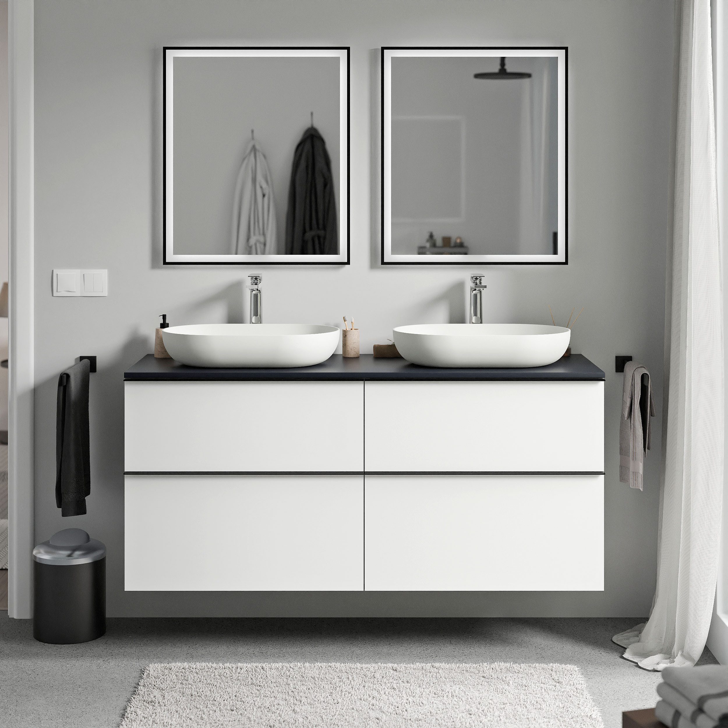 Bernstein Waschbeckenunterschrank LAVOA 140cm Weiß matt PLATTE Mitternachtsblau matt GRIFF Chrom Waschtischunterschrank mit Waschtischplatte 4 Schubladen