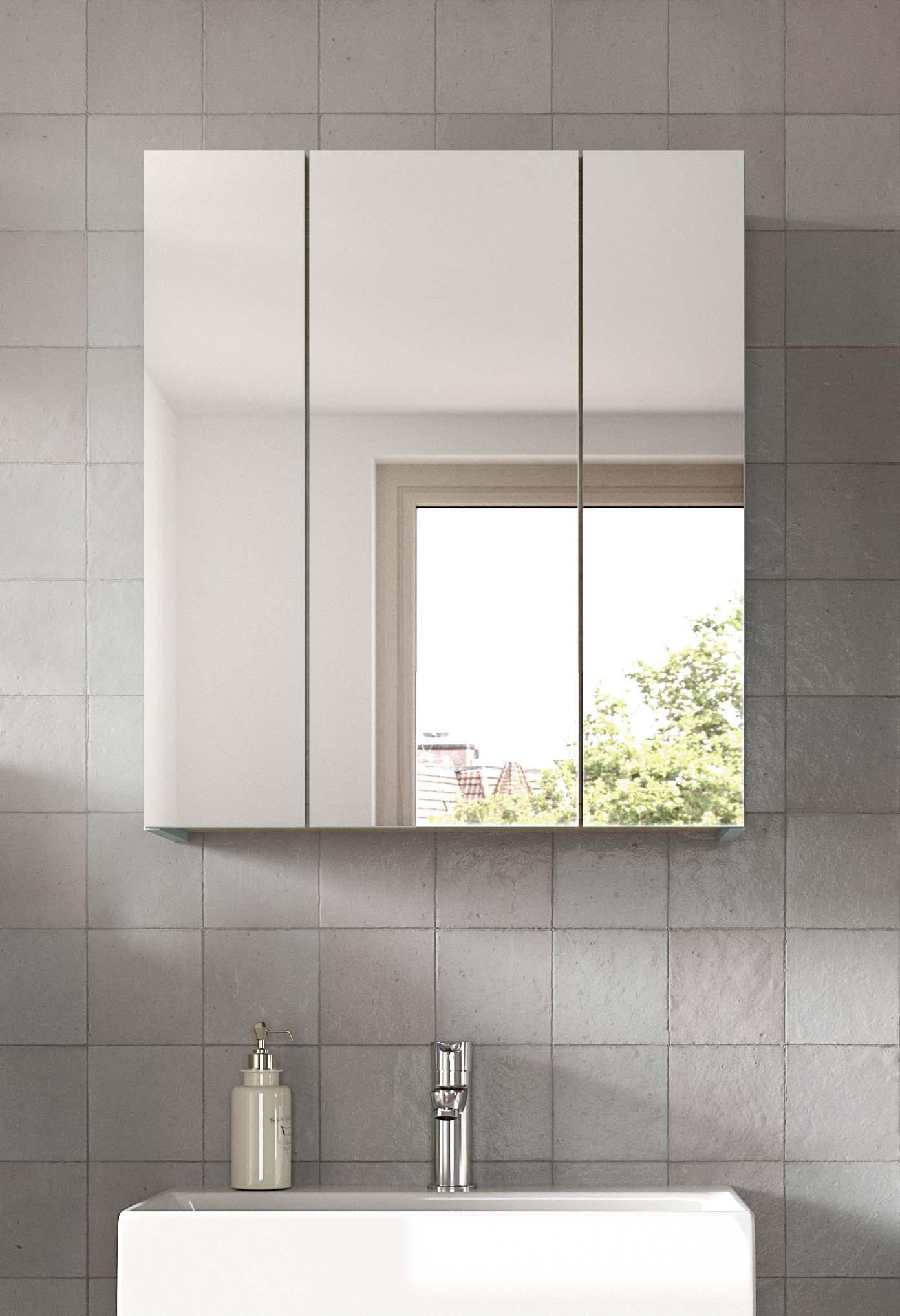 welltime Spiegelschrank MINTTU, Breite 60 cm, 3 Spiegeltüren, 6 Einlegeböden, 9 Fächer (Türanschlag der mittleren Tür rechts und links montierbar) Badmöbel, Spiegel, Badschrank, Bad