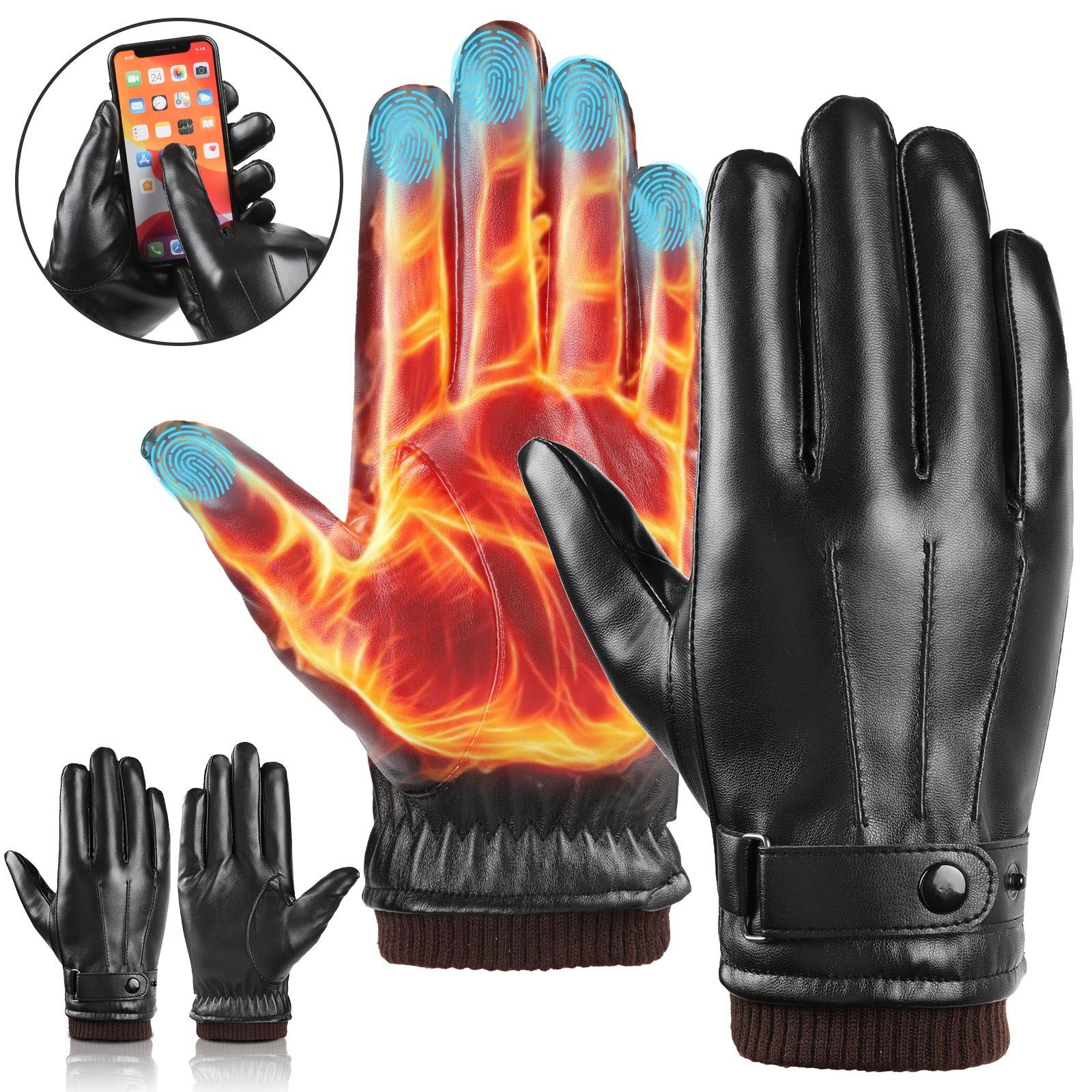 BTTO Lederhandschuhe Herren Touchscreen Texting Lederhandschuhe Winter Warm Schwarz