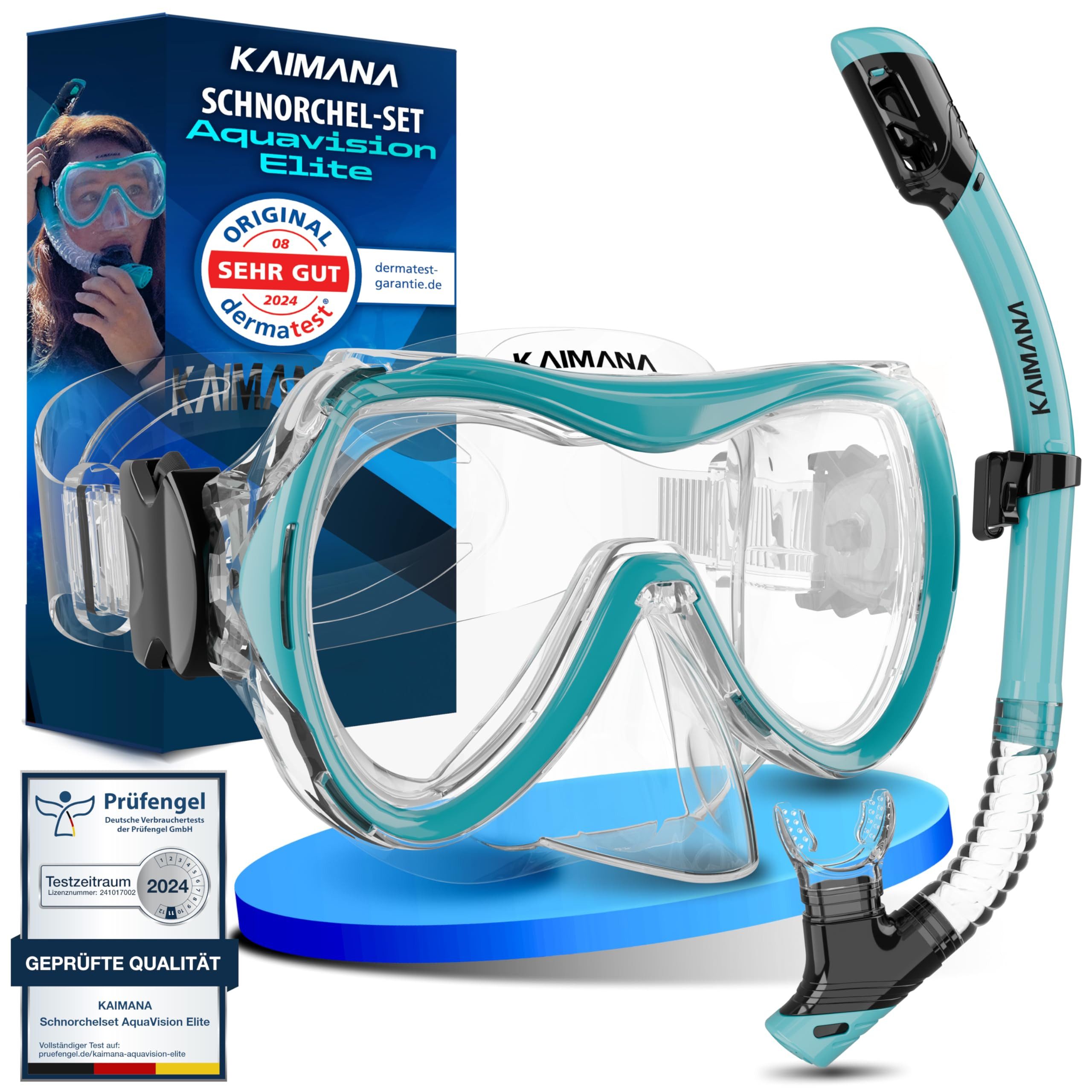 KAIMANA Tauchermaske AquaVision Elite Schnorchelset für Erwachsene inkl. Tragetasche, (Bequeme Taucherbrille Erwachsene, Alternative zur Schnorchelmaske), Taucherbrille mit Stoffband/Silikonstrap