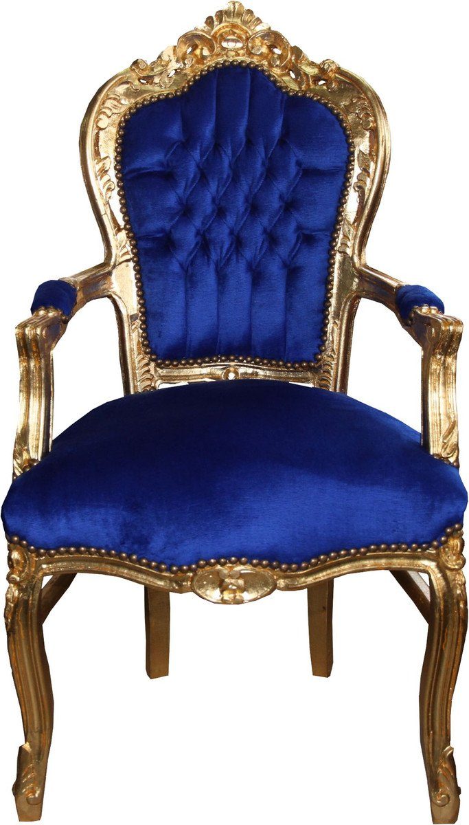 Casa Padrino Esszimmerstuhl Barock Esszimmerstuhl Blau / Gold mit Armlehnen - Stuhl - Barockstuhl - Möbel