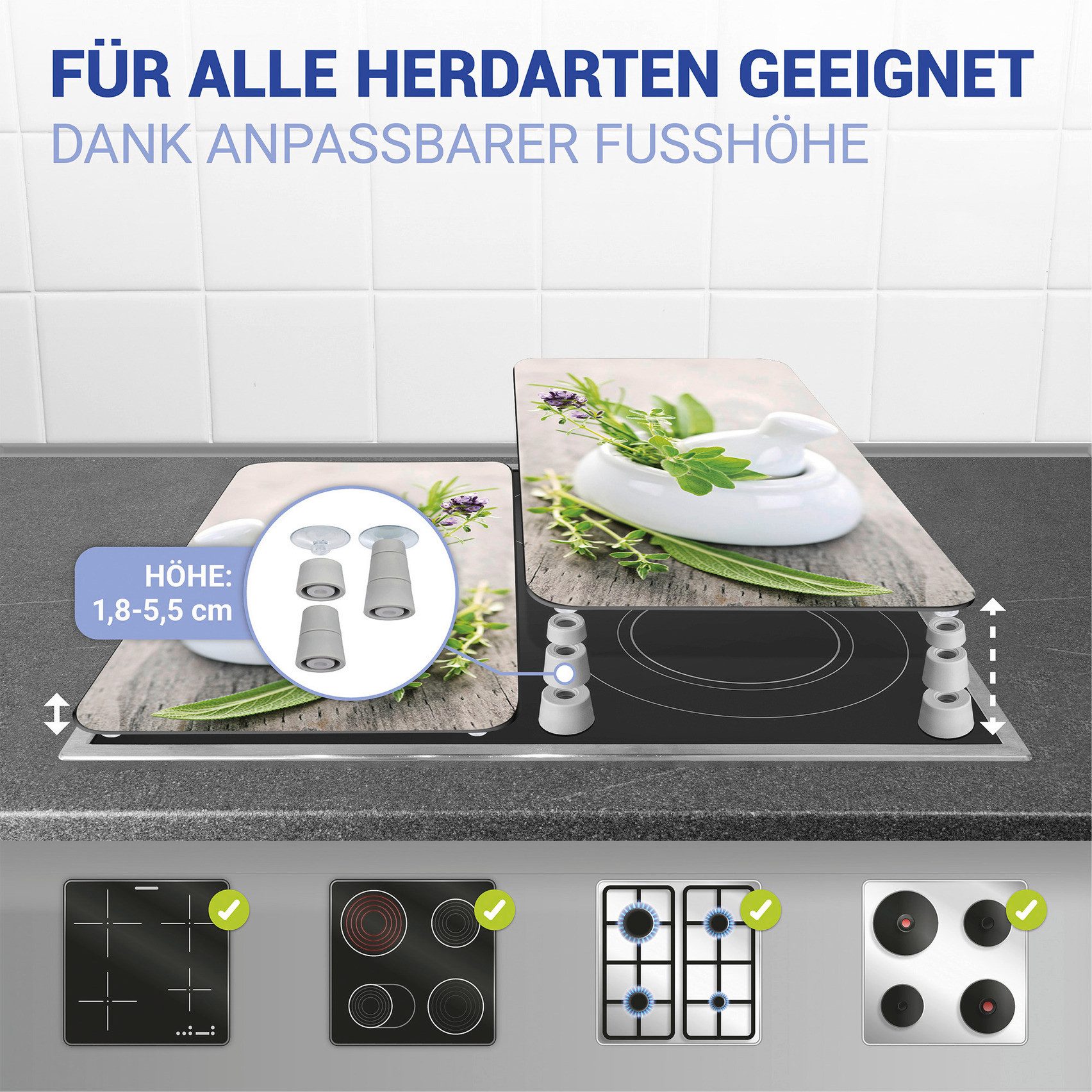 WENKO Herd-Abdeckplatte Universal Modell Kräutergarten, Glas, (Set, 2 tlg), Herdabdeckung für alle Herdarten, kratzfest, mit rutschfesten Füßen