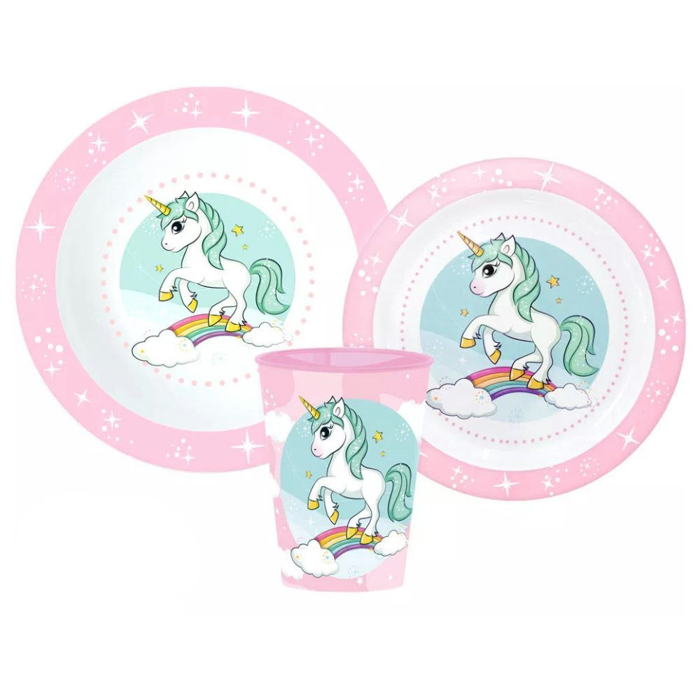 Stor Kindergeschirr-Set Kleines Einhorn Kinder Geschirr-Set 3 tlg Becher Teller Schüssel (3-tlg), 1 Personen, BPA-Frei