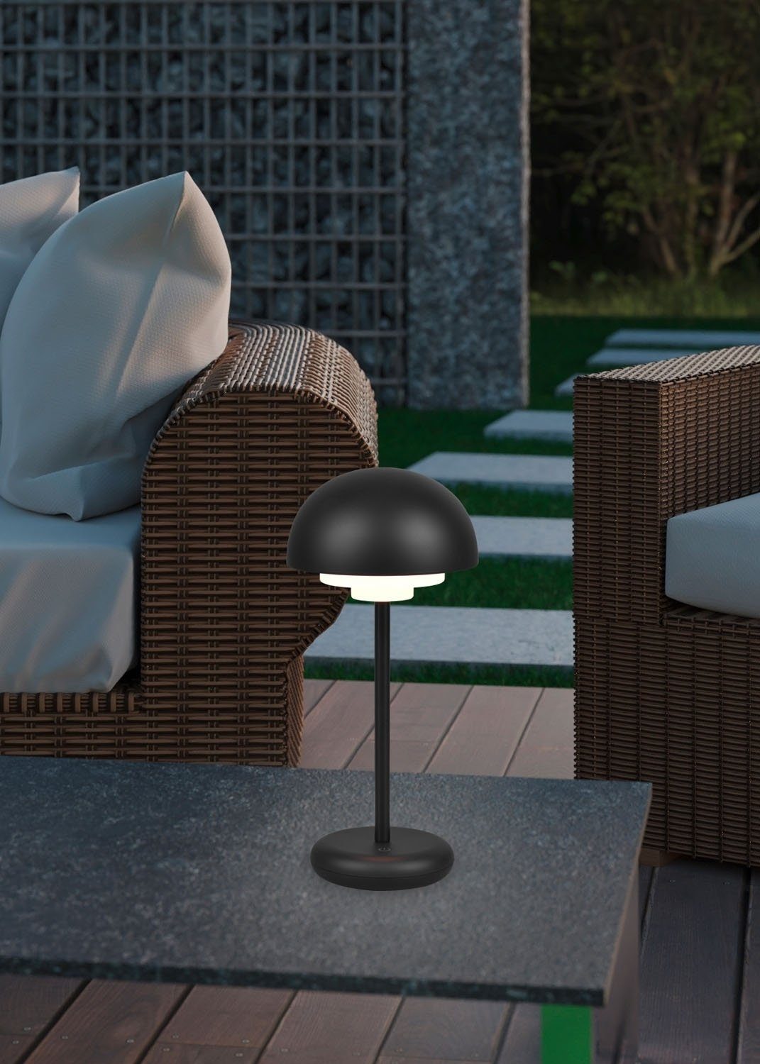 Reality Leuchten LED Tischleuchte ELLIOT, 1-flammig, H 30 cm, Schwarz, Kunststoff, Akkubetrieben, Dimmfunktion, USB-Port, LED fest integriert, Warmweiß, Outdoorgeeignet, mit 4-stufigem Touchsensor